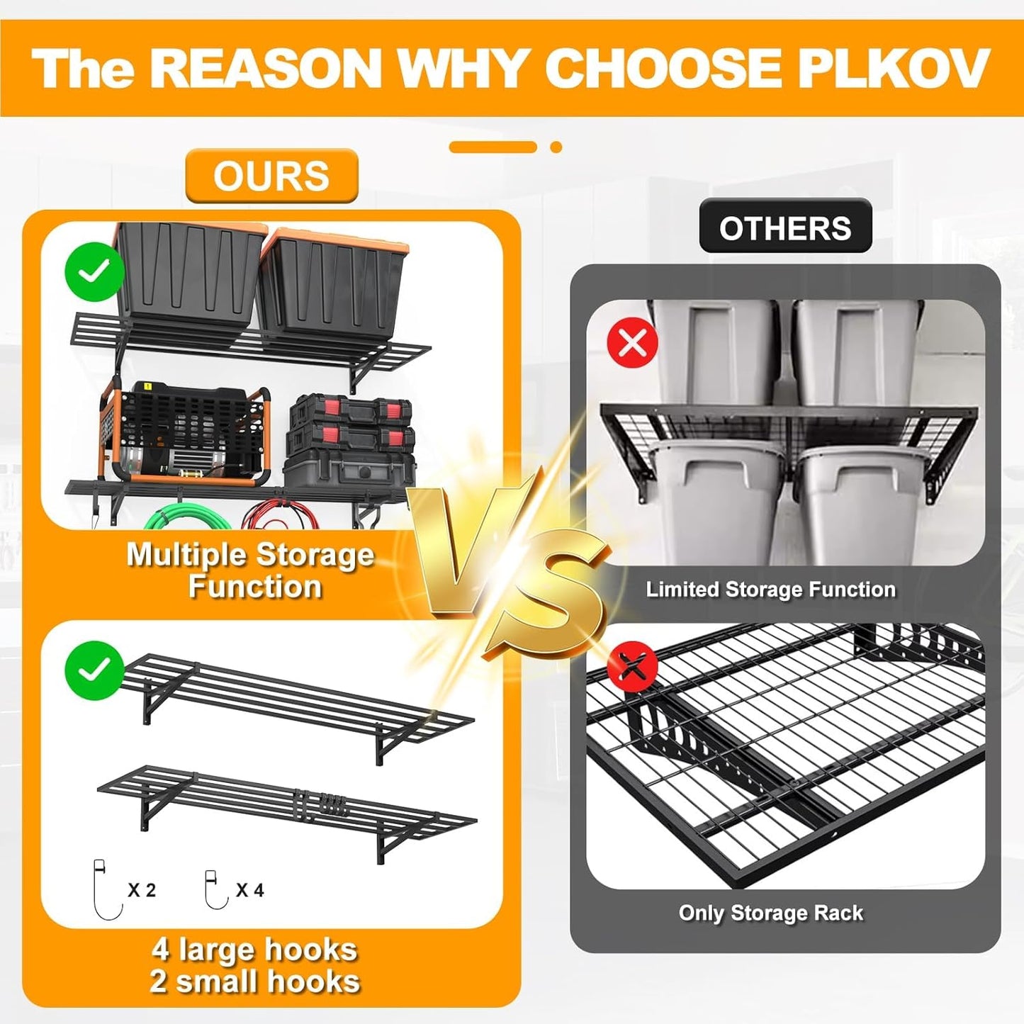 2-Pack 1×4ft Steel Wall Mounted Garage Shelves with Hooks, 300LB Each Heavy Duty Shelving for Garage Storage & Organization