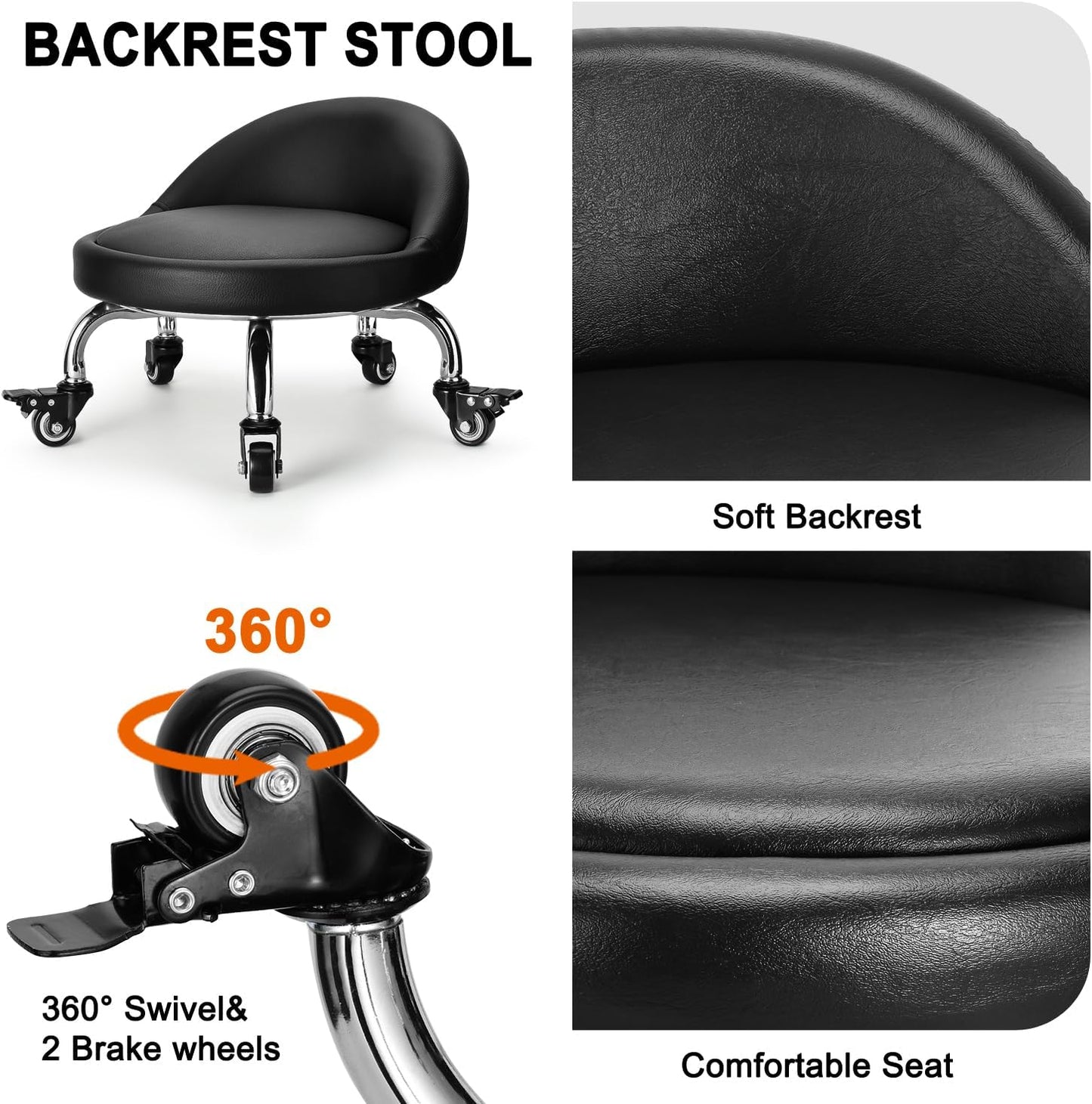 Rolling Stool with Backrest Low Height Rolling Stool with PU Leather, Roller Stool Chair, Roller Seats for Home, Office, Garage, Shop, Library