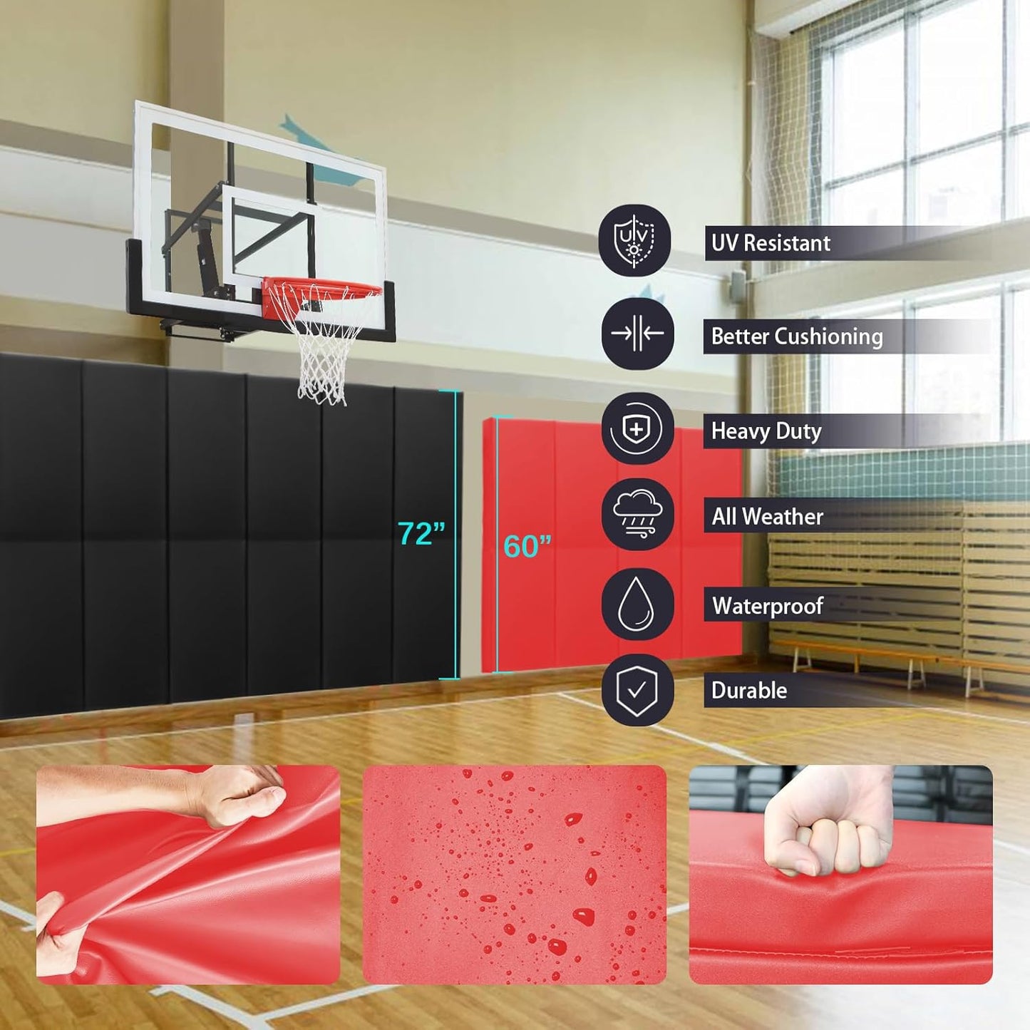 PROGOAL 60"/72" High Gym Wall Padding 2"/4" Thick Foam Basketball Court Wall Mount Protector for Garage Taekwondo Babyroom - Durable Waterproof Anti-Cushion