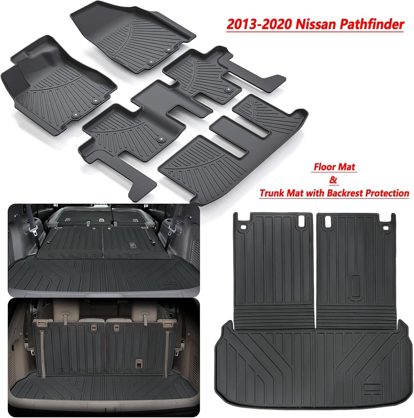 Floor Mats & Trunk mat For 2013-2019 2020 Nissan Pathfinder 2013 Infiniti JX35 2014-2020 Infiniti QX60 TPE All Weather Protection 3 Rows Car Floor Liners & Cargo Liners With Velcro Backrest