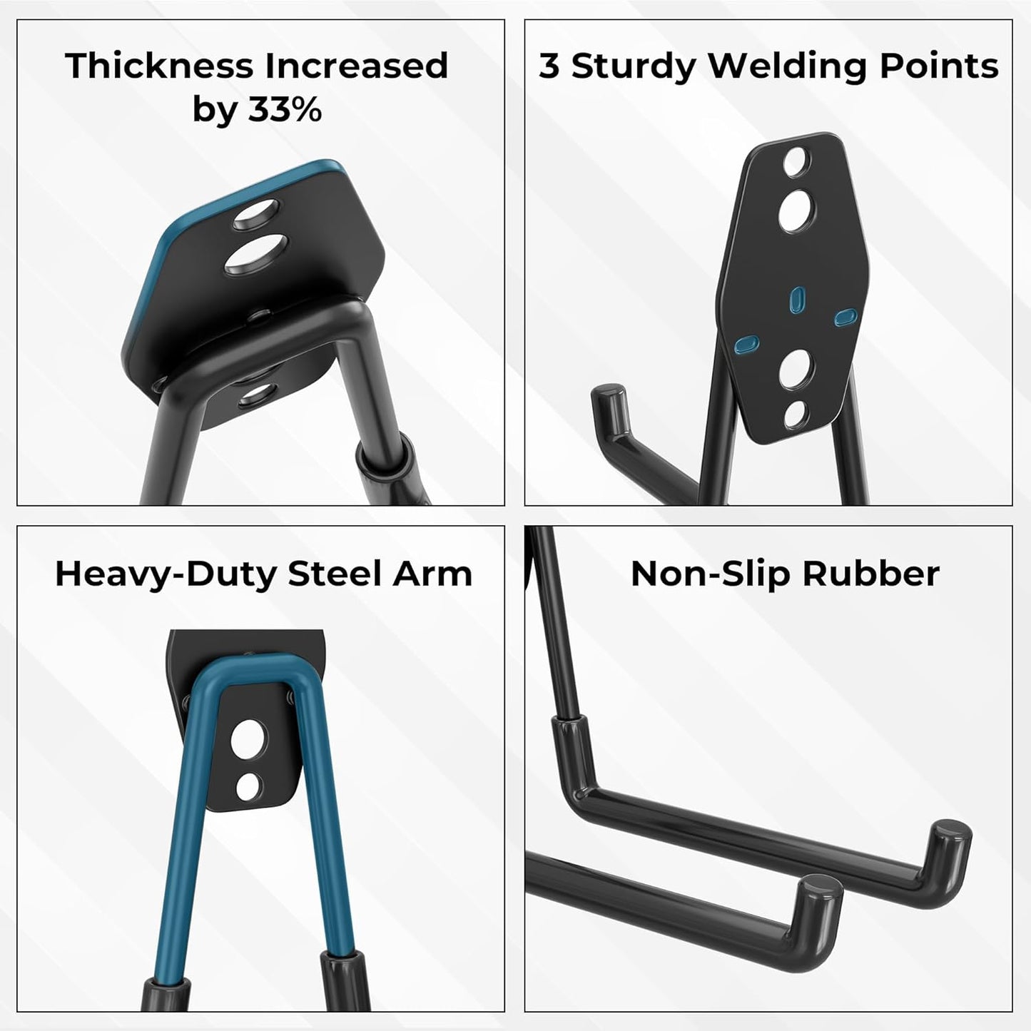 BONTEC Heavy Duty Garage Hooks, Anti-Slip Coated Black Steel with Strong Load Capacity, Multi-Sized U and J Hooks, Easy Wall Mount for Garage, Garden, Workshop (Black, 14 Pack)