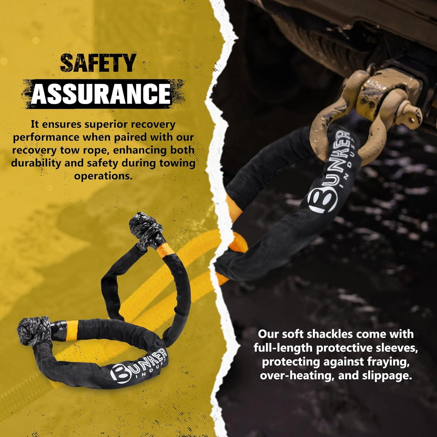 BUNKER INDUST 1"×30ft Kinetic Recovery Rope with 2 Soft Shackles Kit, Kinetic Recovery Tow Rope Snatch Strap Off Road Recovery Kit for UTV, ATV, Truck, Car, Jeep, Tractor