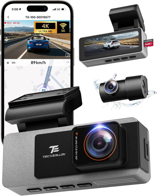 TECXLERON Dash Cam Front and Rear, 4K Dual Dash Cam, Dash Camera for Cars with Starlight Night Vision, 160° Front & 150° Rear Wide Angle, GPS, WDR, G-Sensor, 24H Parking Mode, 64GB Card Included