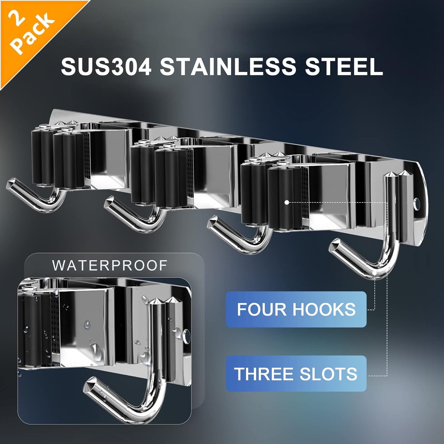 ZONGOOL 2 Pack 3 Racks and 4 Hooks Mop and Broom Holder Wall Mount, Heavy Duty Broom Hanger Organizer Storage Tool Racks Stainless Steel Self Adhesive Wall Hanger for Kitchen Garden Laundry Garage