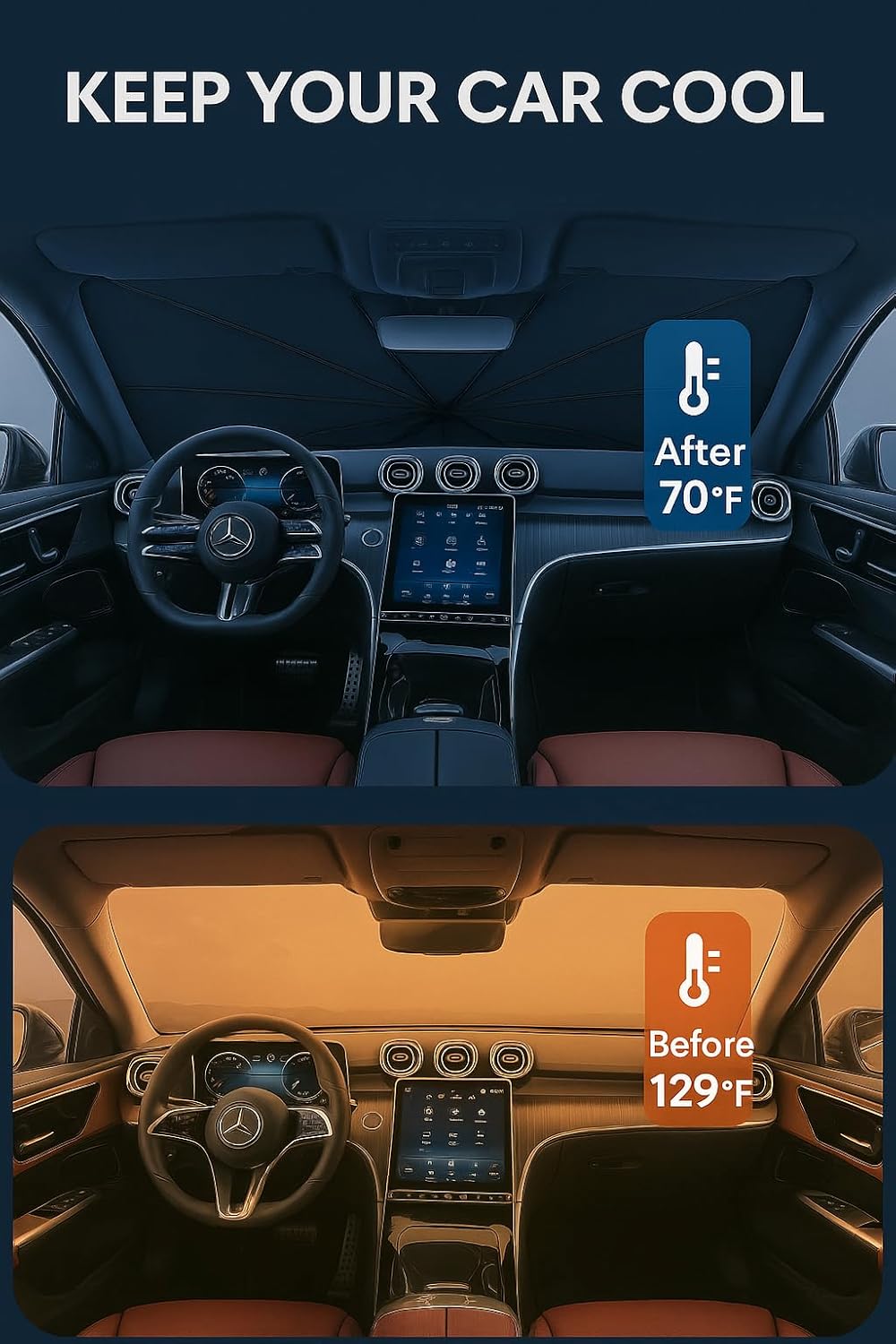 Proadsy Windshield Sun Shade Umbrella for Mercedes-Benz GLC 2023-2025 Foldable Car Umbrella Sunshade with Soft TPU Handle Spring Structure Crystal Cooling Material Protect Car from Rays & Heat