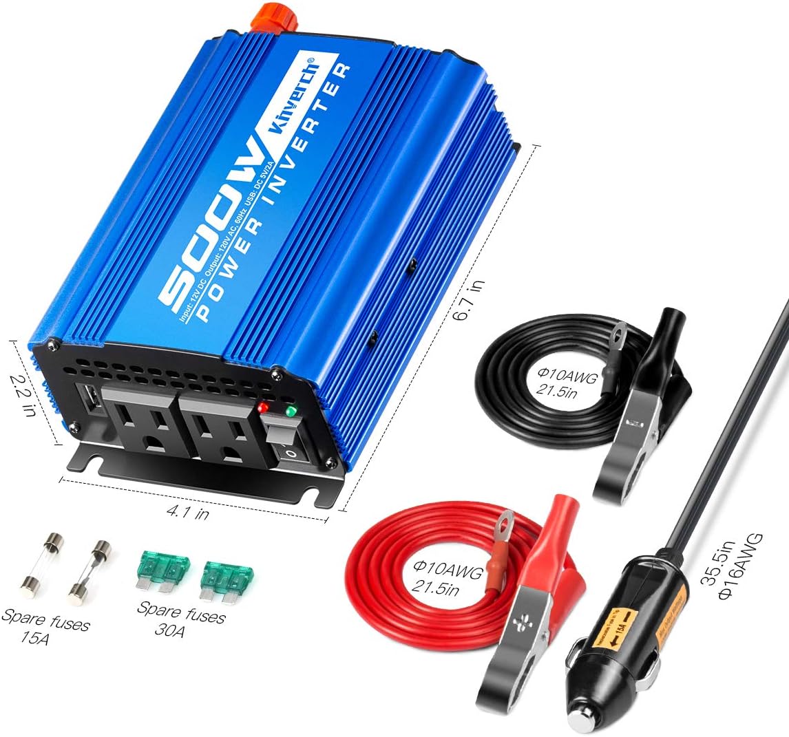 500W Car Power Inverter DC 12V to AC 110V Adapter with 2 AC Outlets and 2A USB Charging Port