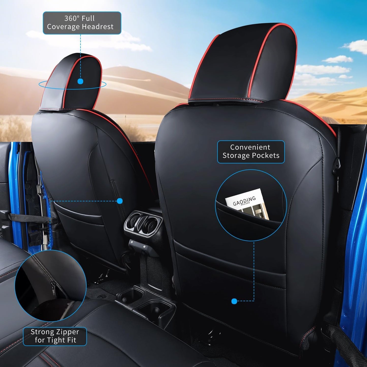 Jeep Gladiator Seat Covers - Premium Quality Faux Leather, Waterproof, Scratch-Resistant, Custom Fit for Jeep Gladiator 2025, 2024, 2023, 2022, 2021, 2020 (Black+Red Line)