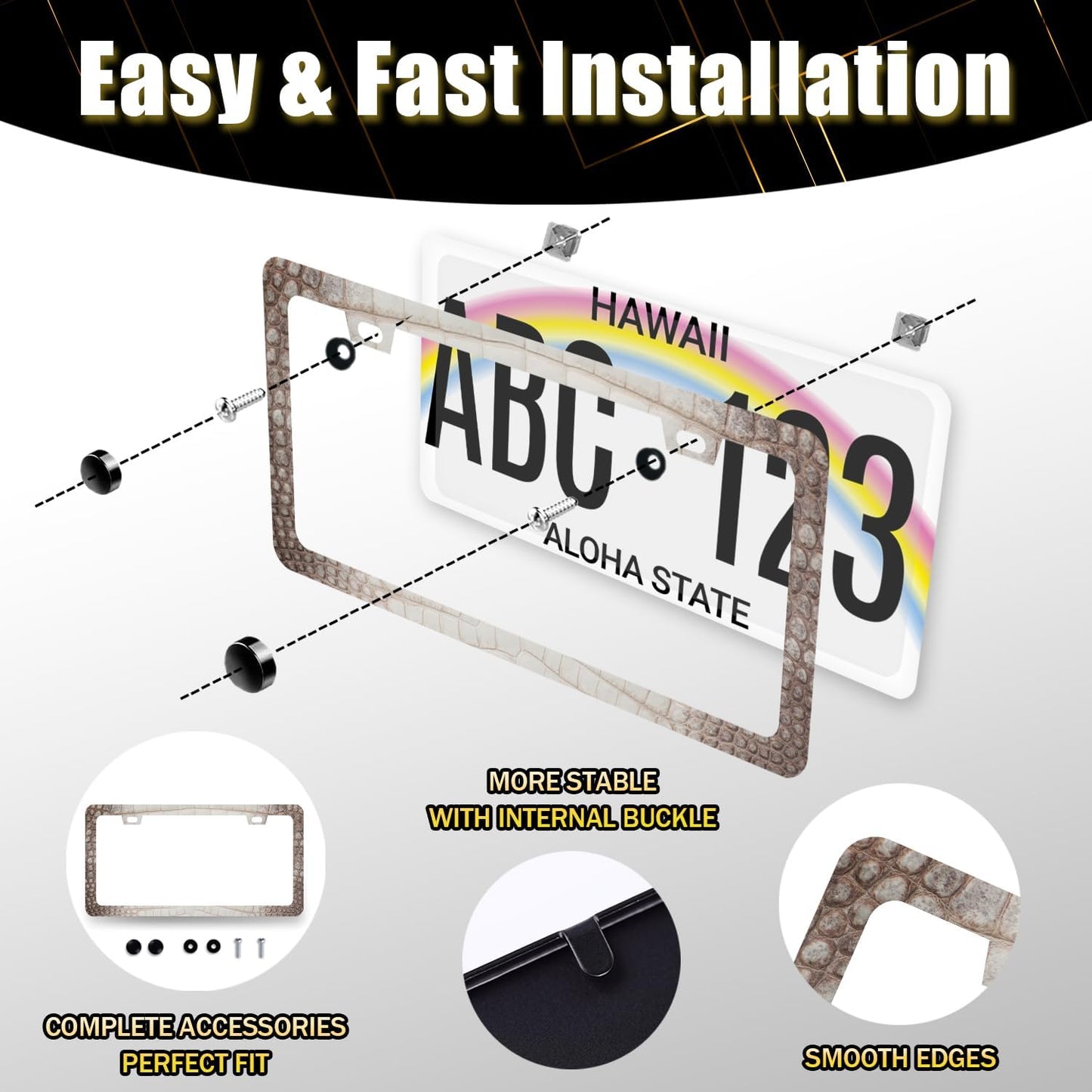 Crocodile Skin Print License Plate Frame Cool Animal Texture License Plate Holder Funny License Plate for Car Decoration Stainless Steel Car Accessory with Screws Men Women 12.3" x 6.3"