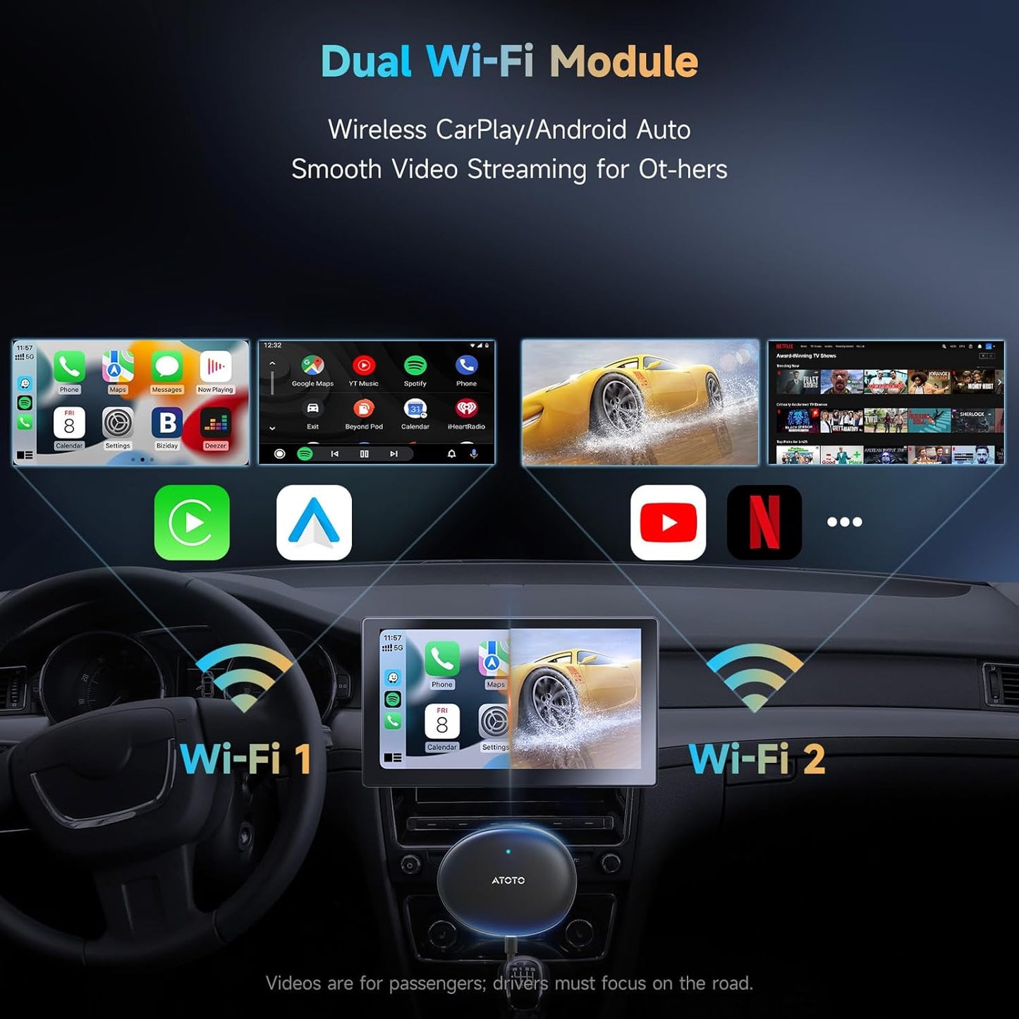 AD5 AI Box Wireless CarPlay Adapter & Android Auto, 2025 Upgrade Ai Box CarPlay Compatible with YouTube, AI DriveChat, Dual Wi-Fi, Dual BT, Black