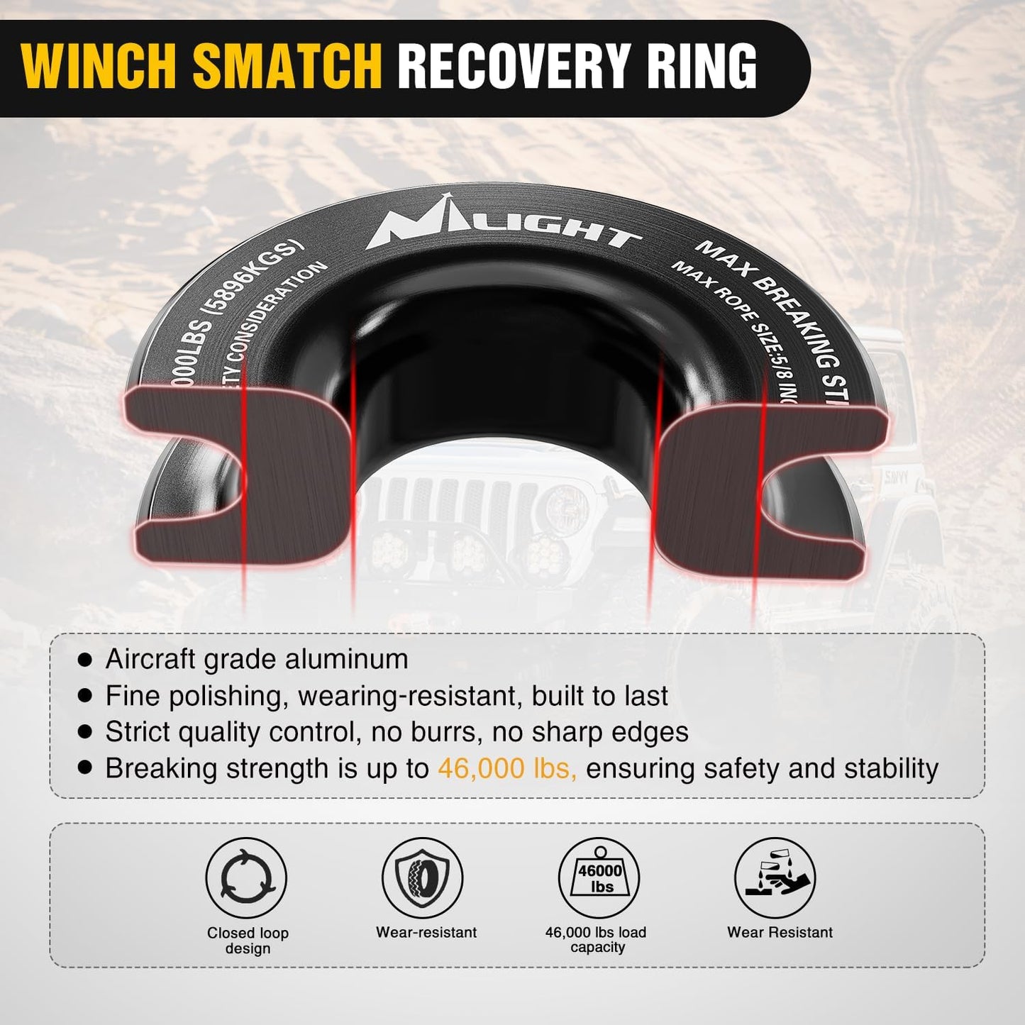Nilight Synthetic Soft Shackle & Recovery Ring Kit 1/2inch x 24inch Soft Shackle (56,000 LBS Breaking Strength) with Snatch Ring (46,000 LBS MBS) for 4x4 Truck SUV ATV Off Road, 2 Years Warranty