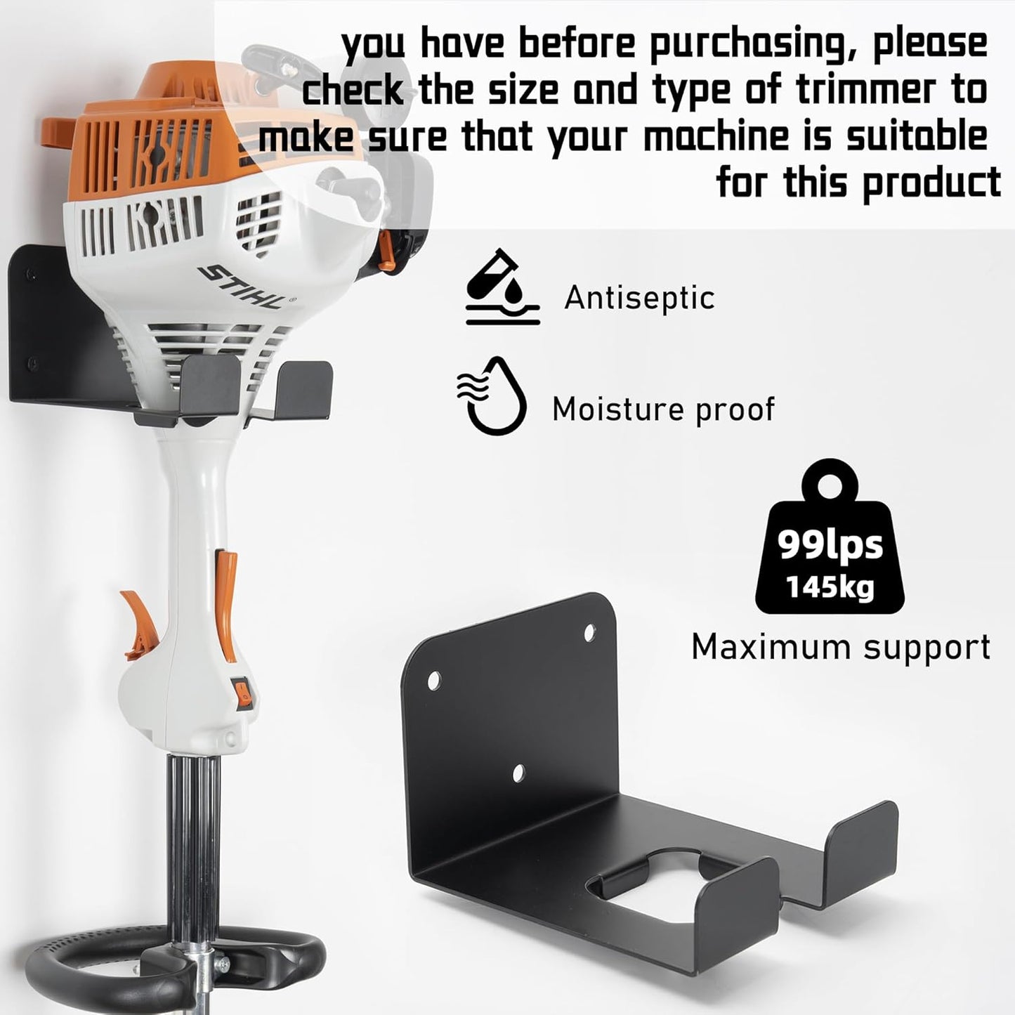 Weedeater Hanger, 1 Pack Weed Eater Hanger for Garage Wall-mounted Organizer Trimmer Rack Storage for Grass Trimmer, Hedge Trimmer, Garage Wall, Garden Tools, Black