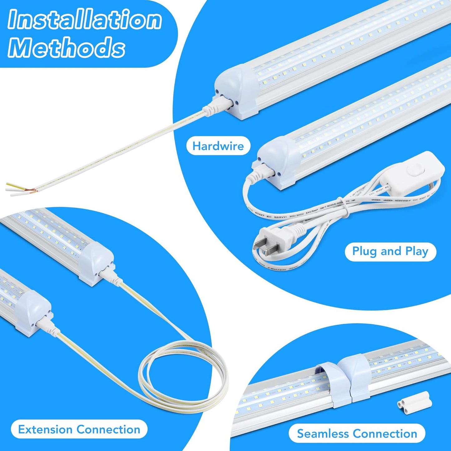 6 Pack 8FT T8 LED Shop Lights, 120W Integrated Tube Light, 19200LM 6000-6500K Daylight, Linkable Lighting, Plug & Play Energy-Saving Commercial Bay Lighting for Garage Warehouse Basement (V8)