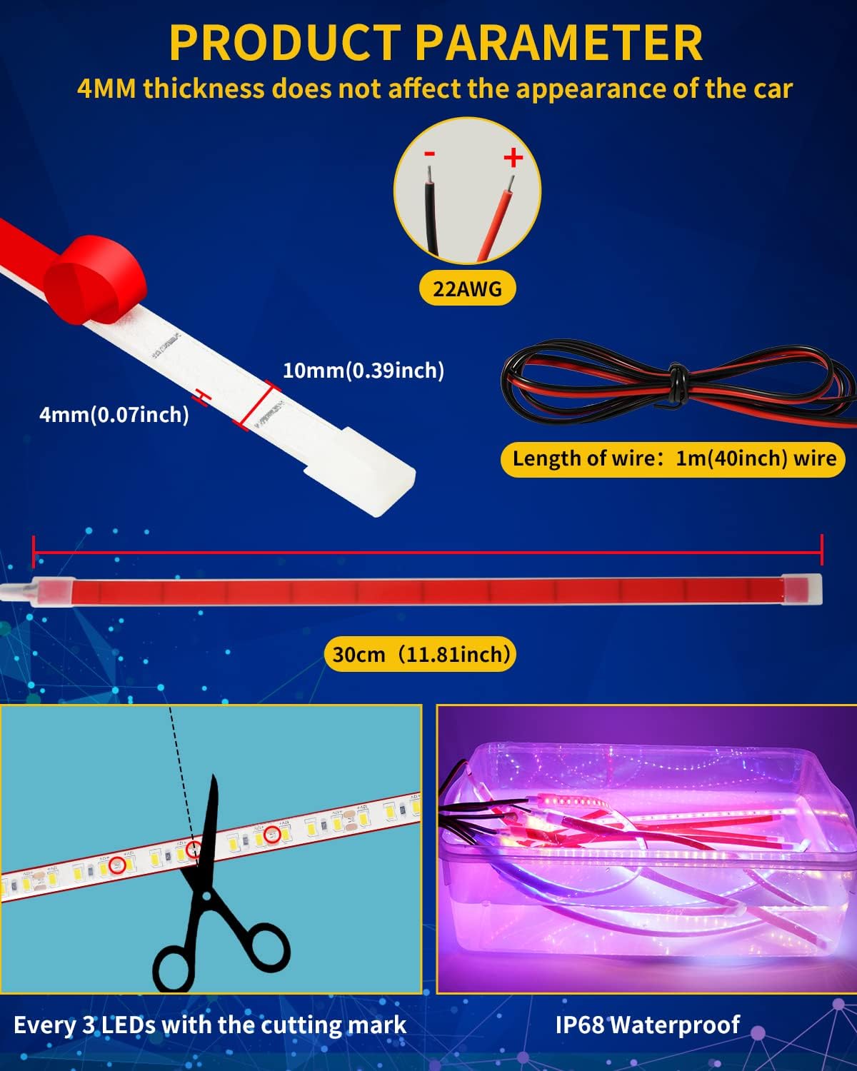 Amber Led Strip Light,12V Car Led Lights Interior IP68 Waterproof Cuttable for Car Motorcycles Boat Golf Cart Truck Cargo Home Decoration with Strong Nano Tape 12inch(Pack of 4)