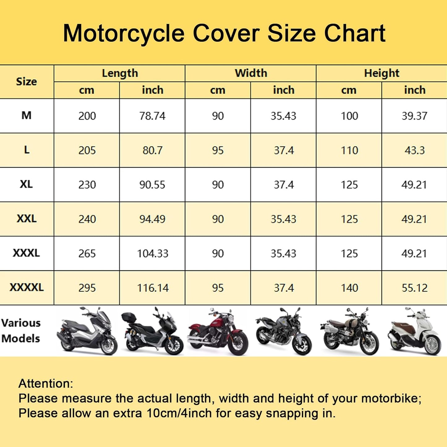 Waterproof Motorbike Cover Outdoor, Motorcycle Scooter Moped Rain Dust Protection Cover with 4 Reflective Strips and 2 Windproof Buckles, 2 Lock-Holes for Most Motorcycles (3XL: 104 x 35 x 49 inch)