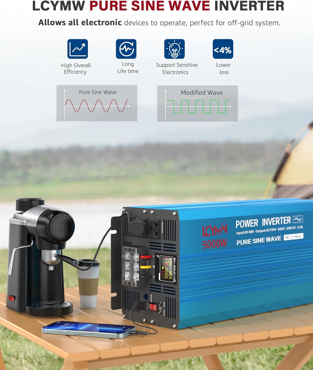 Power Inverter 5000 Watt Pure Sine Wave 48V DC to 110V/120V AC 10000W Peak Converter for Family RV Solar System with 2 AC Outlets LCD Display Remote Control 0.5A USB Charging Port and Wiring Terminal