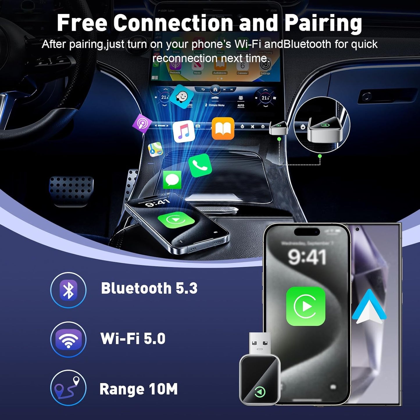 Wireless CarPlay Adapter for Apple iPhone, Fast Auto-Connect, No Latency, Plug and Play, Bluetooth 5.3 & WiFi 6, 2025 Mini Car Play Dongle for iPhone 6~16, Fit for 1000+ Cars, USB A/C
