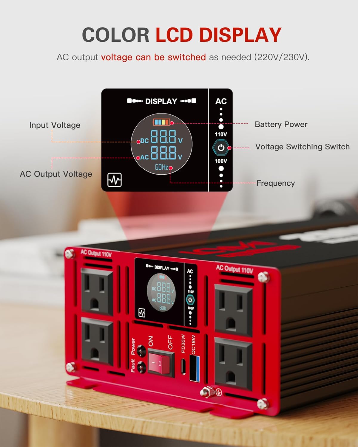 3000 Watts Pure Sine Wave Power Inverter 24V DC to 110V 120V AC Converter for Home RV Off Grid Truck Solar System Inverters with Type-C PD30W USB QC3.0 Port 4 AC Outlets LCD Display and Remote Control