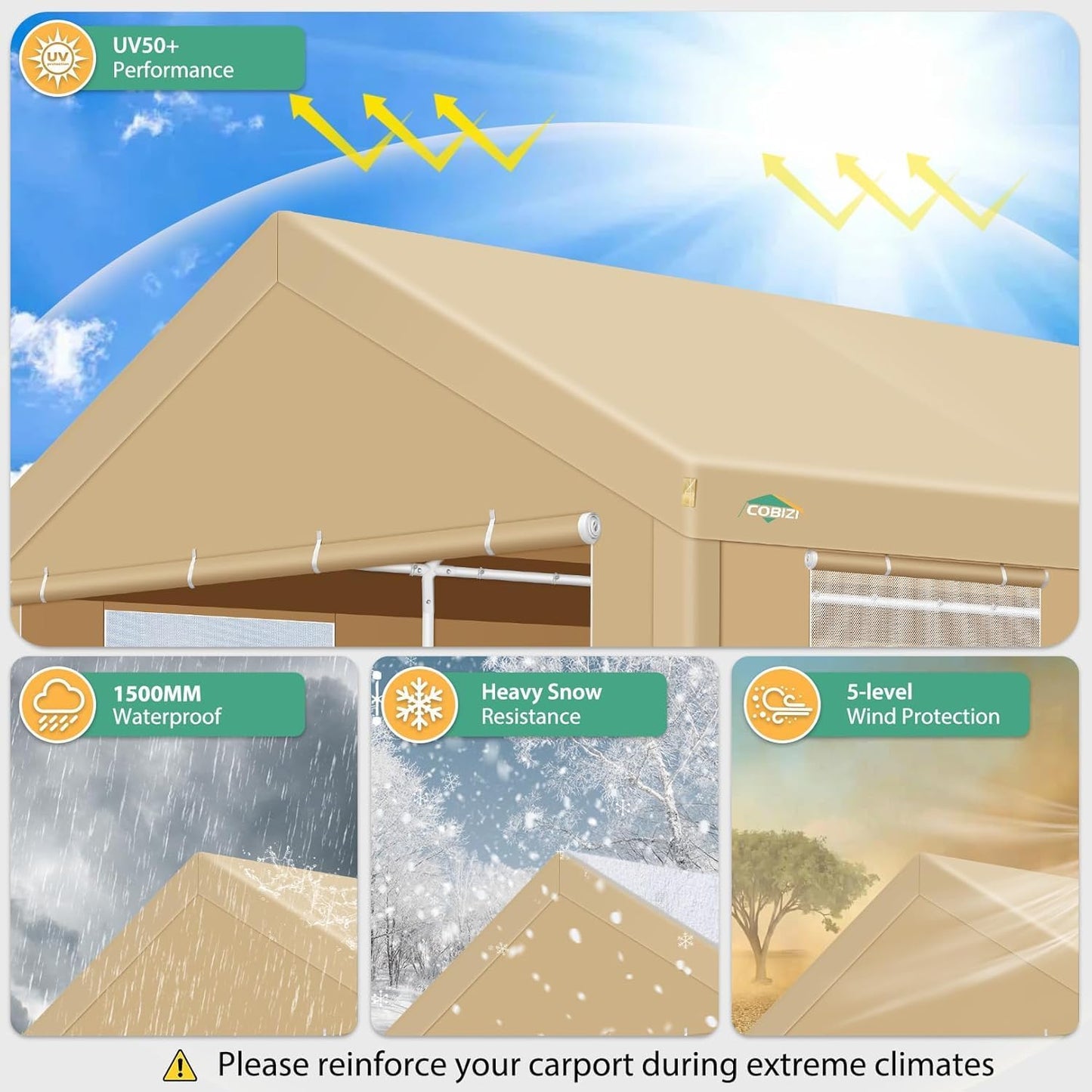 COBIZI Carport 12x20ft Heavy Duty Portable Garage, 2.0 Powder Coated Frame(Better Than Galvanized), Waterproof Shelter with Removable Sidewalls & Windows, Built-in Sandbags, for Car/Boat/SUV, Khaki