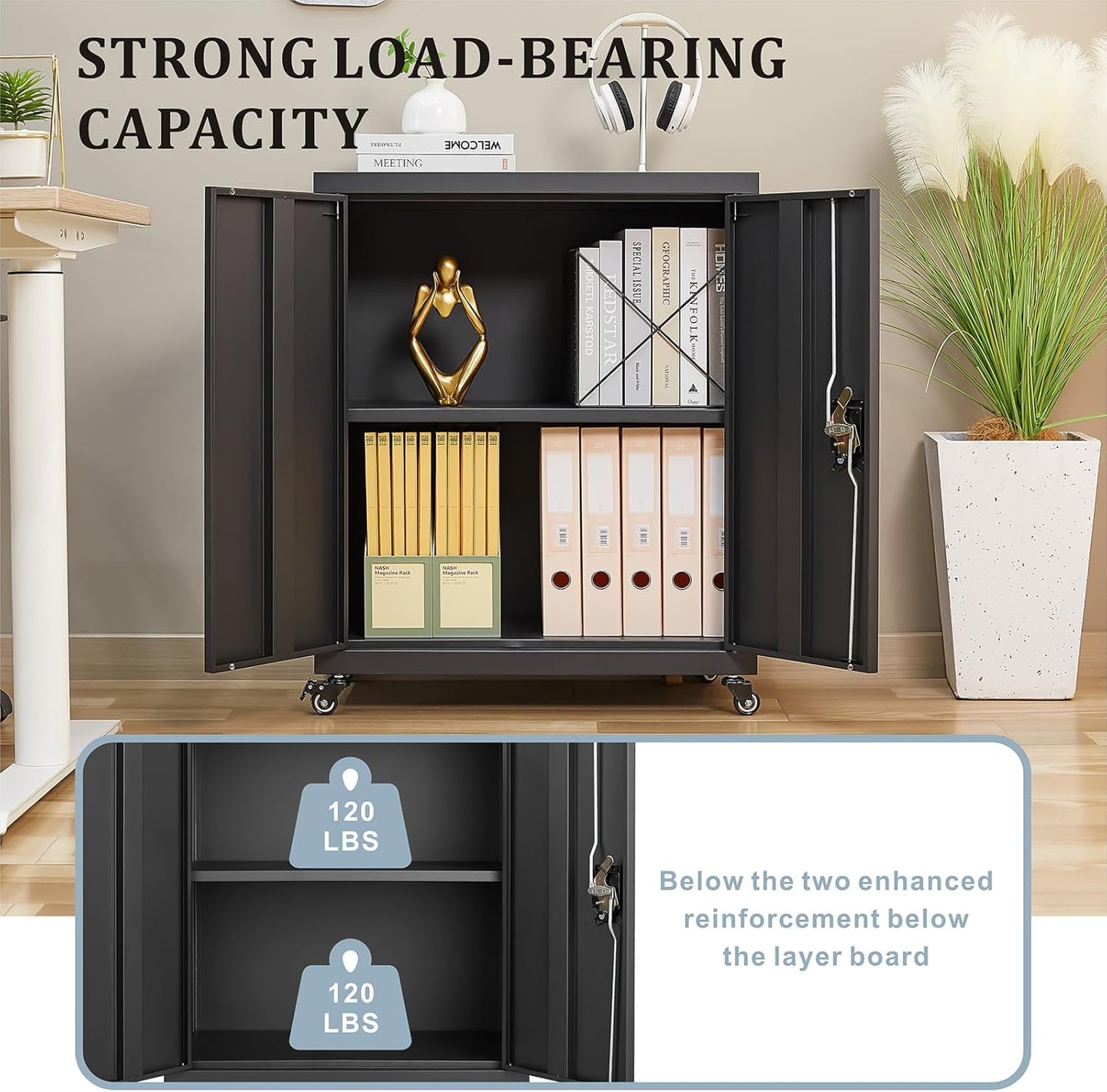 LUCYPAL Metal Storage Cabinet with Wheels,Steel Locking Storage Cabinet with Adjustable Shelves and 2 Doors,31.5" H Garage Cabinet for Home Office,Black