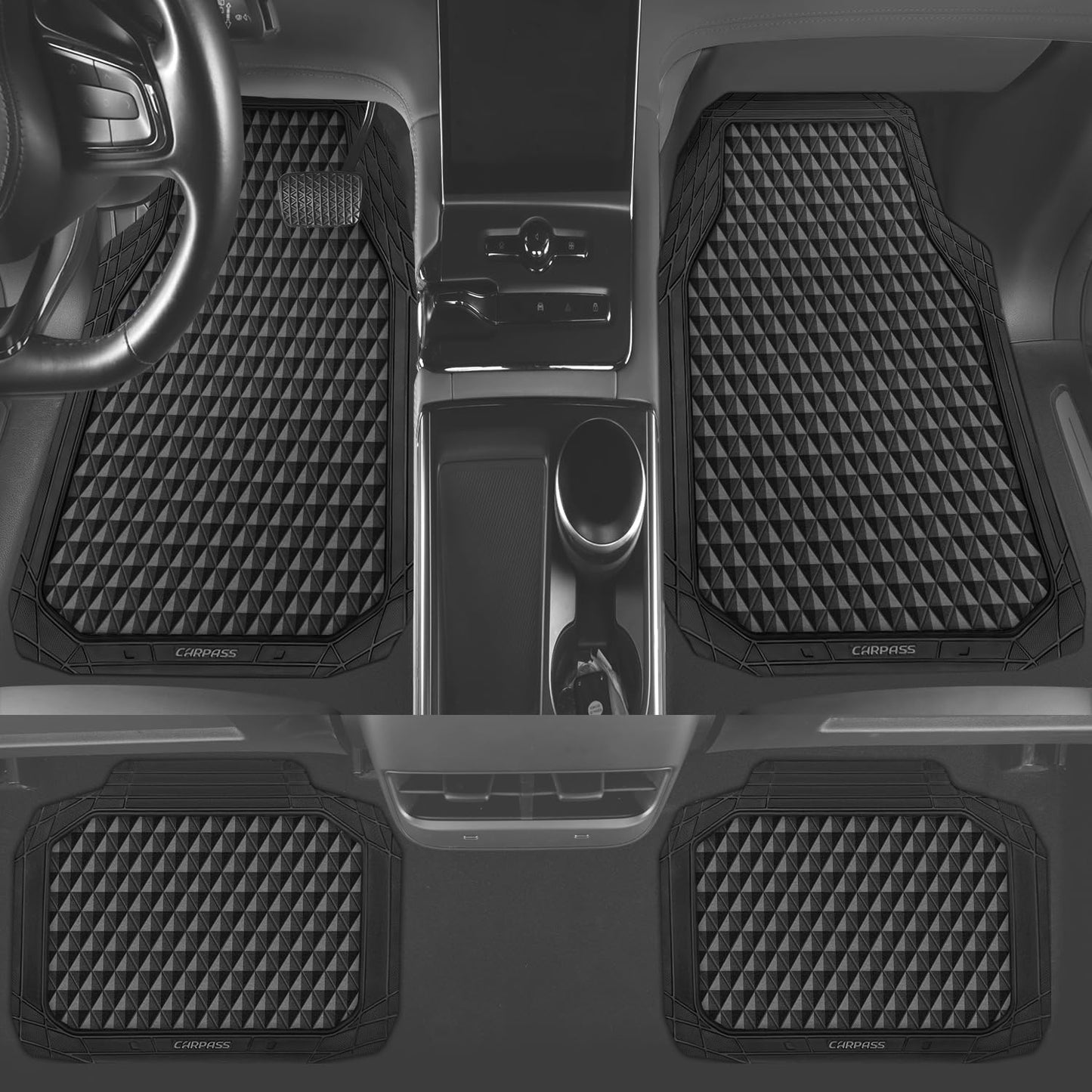 CAR PASS Black Rubber Car Mats, All-Weather Floor Mats Full Set Durable Anti-Slip 3D Rhombus Waterproof Automotive Pad Trim to Fit Liner Universal Fit for Sedan SUV Truck Van, 4 Pcs All Black Rubber