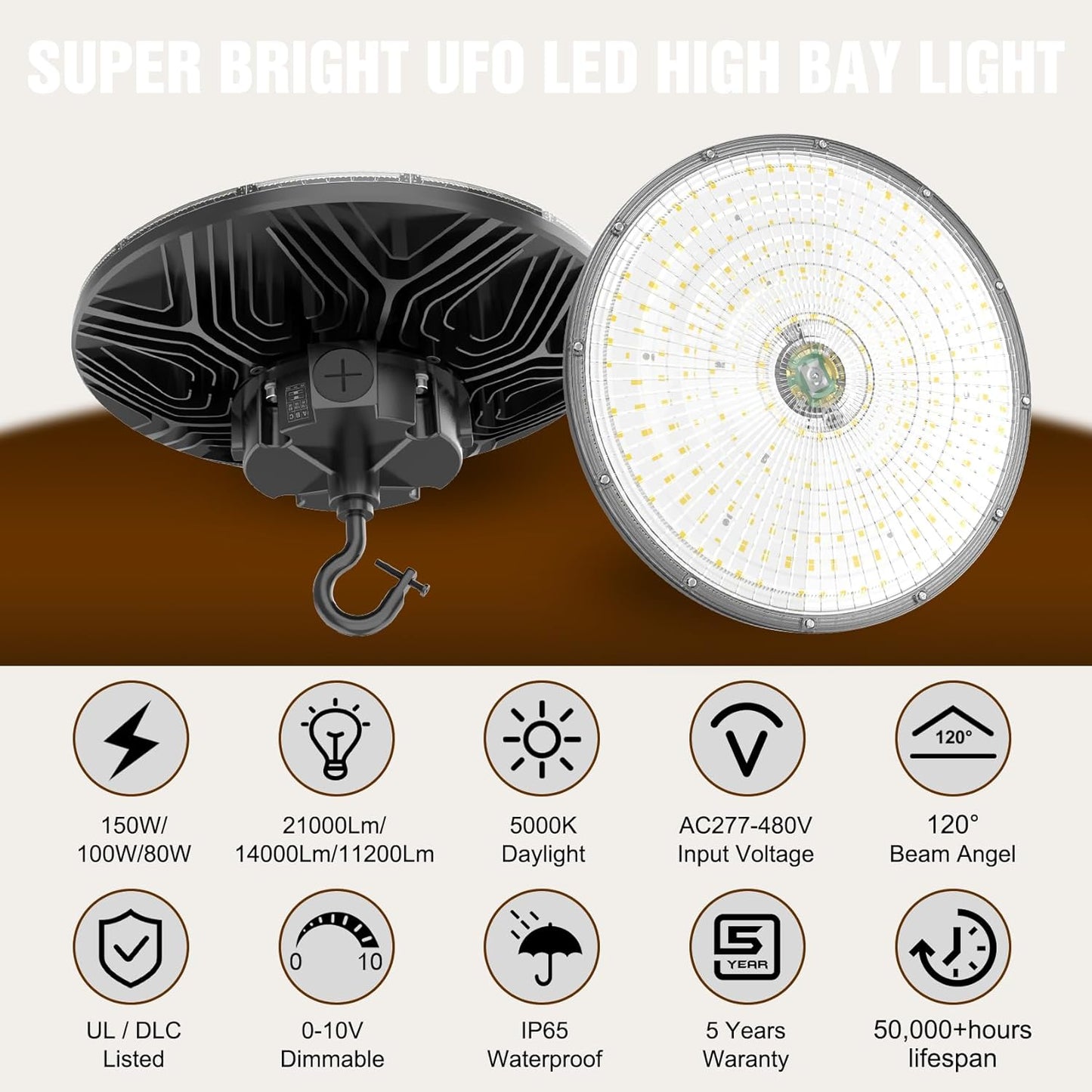9 Pack 480V LED High Bay Light UL DLC Listed UFO Light 150W 100W 80W Adjustable, Dimmable High Bay LED Shop Lights 5000K Daylight, IP65 Commercial Bay Lighting for Warehouse Factory