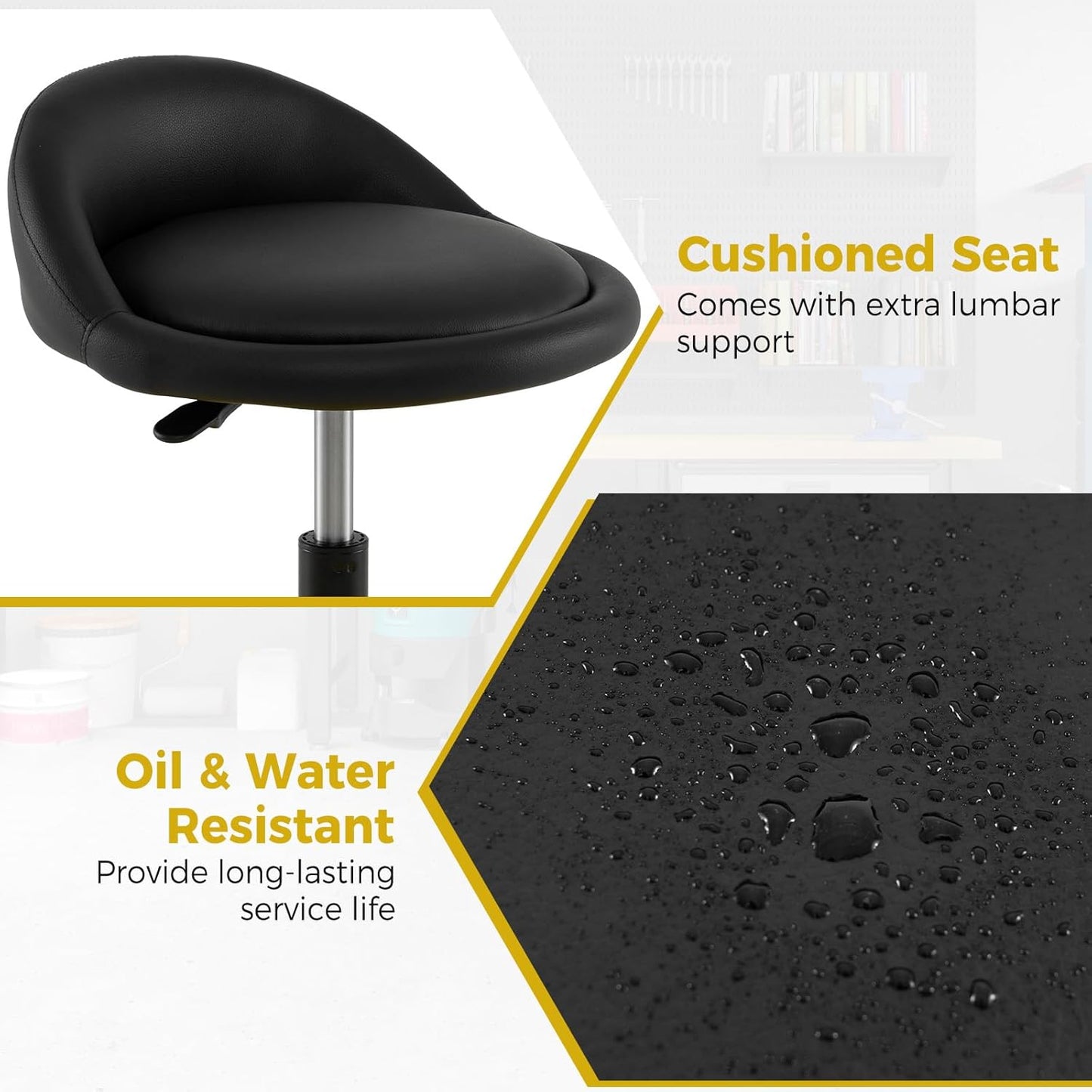 Mechanic Stool, 350 LBS Capacity Rolling Shop Stool with Lockable Wheels, 2 Magnetic Tool Trays & Padded Seat, 20"-25" Height Adjustable Workshop Chair Creeper Seat for Garage, Auto Repair