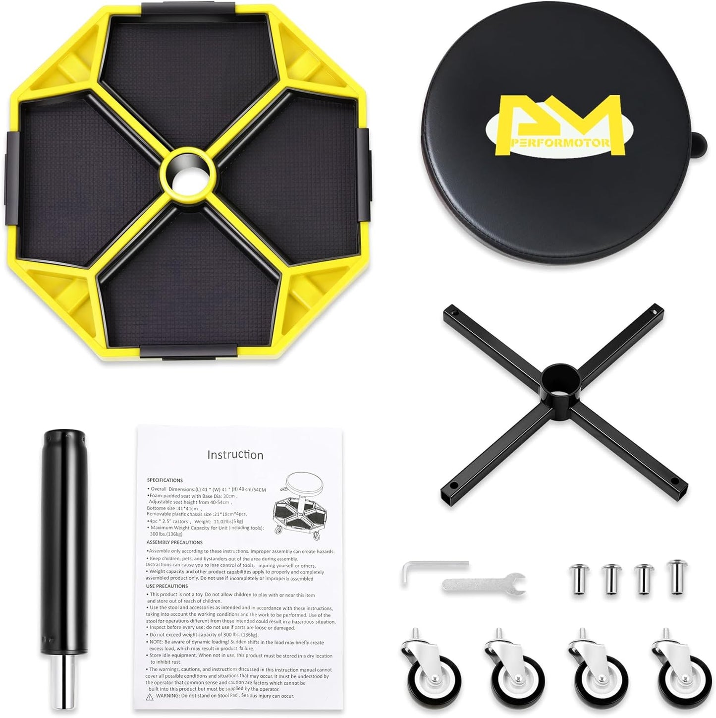 PM PERFORMOTOR Adjustable Height Pneumatic Garage Seat Rolling Mechanic Stool with Tool Tray Storage,300lbs Max Weight Capacity, Yellow,PM-TOL-ATS-YL