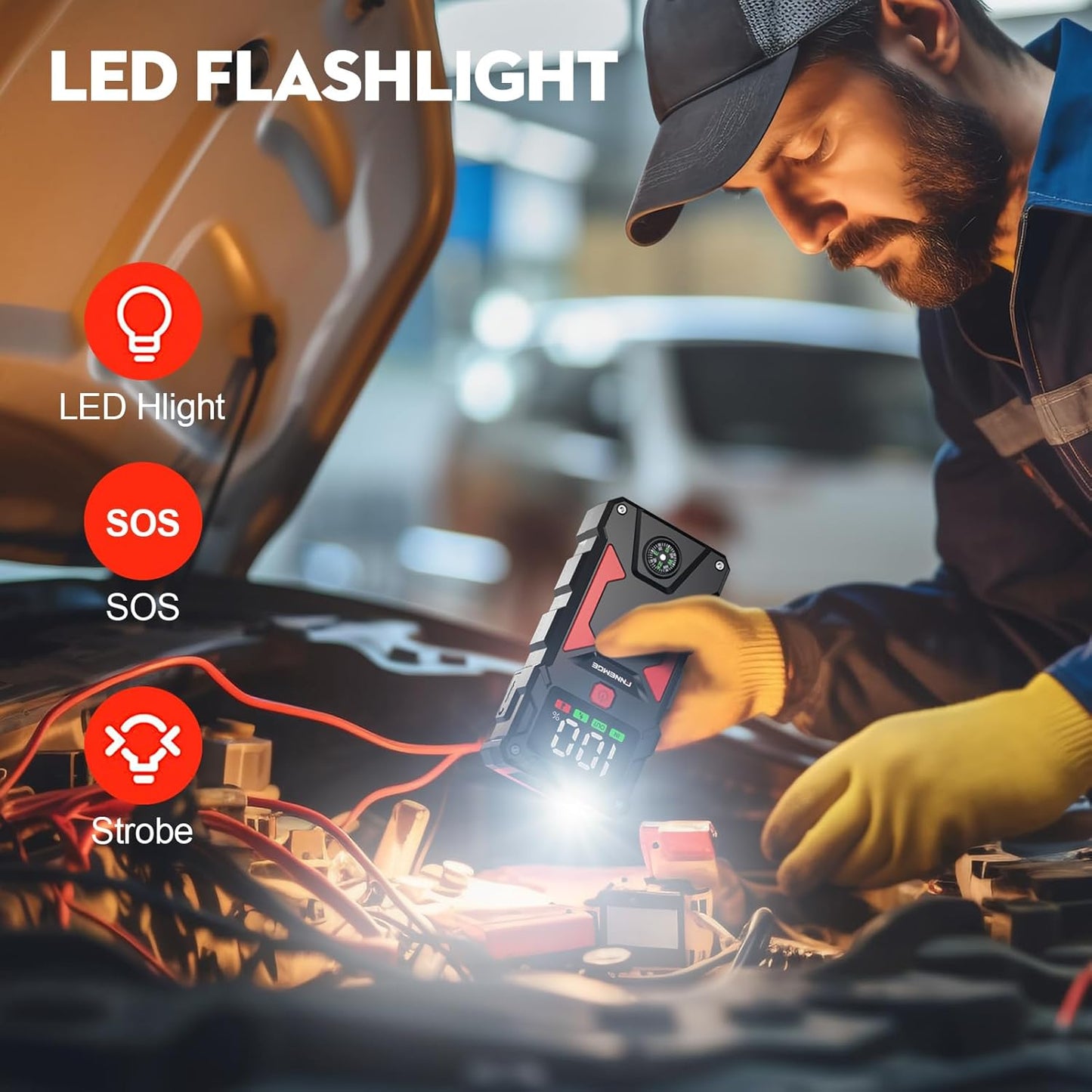 Car Jump Starter, 5000A Peak 24800mAh 12V Car Battery Starter(Up to All Gas, 8.0L Diesel Engine), with with USB Charge Output Port,LED Light,HD Large Screen,12V EC-5 Output.