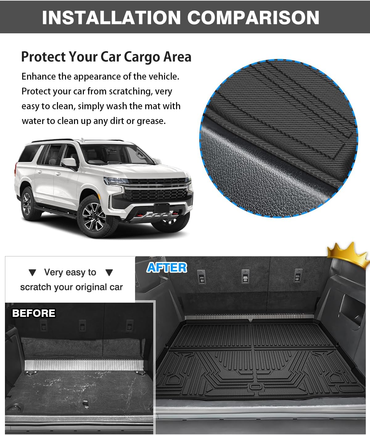 Powerty Floor Mats & Cargo Liner for 2021-2024 2025 Chevy Chevrolet Suburban/GMC Yukon XL 8 Seats Accessories Floor Mats 2 Row Liner Set All Weather TPE 3D Floor Liners&Rear Cargo Mat