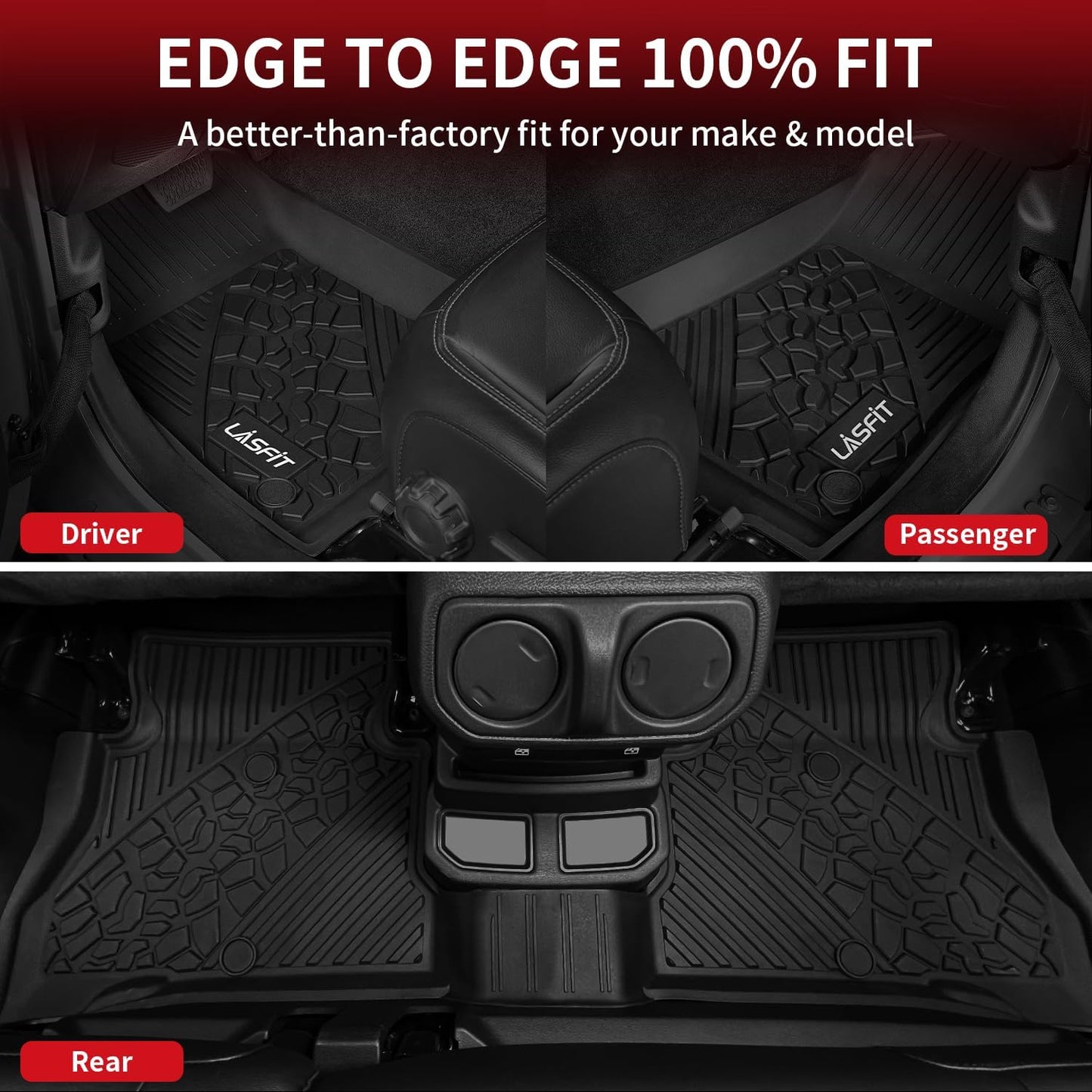 LASFIT Floor Mats for Jeep Wrangler Unlimited 4XE 2021-2024 2025 4 Door Plug-in Hybrid EV-Gas (PHEV), All Weather TPE Custom Fit Car Mats Floor Liners 1st & 2nd Row, Black