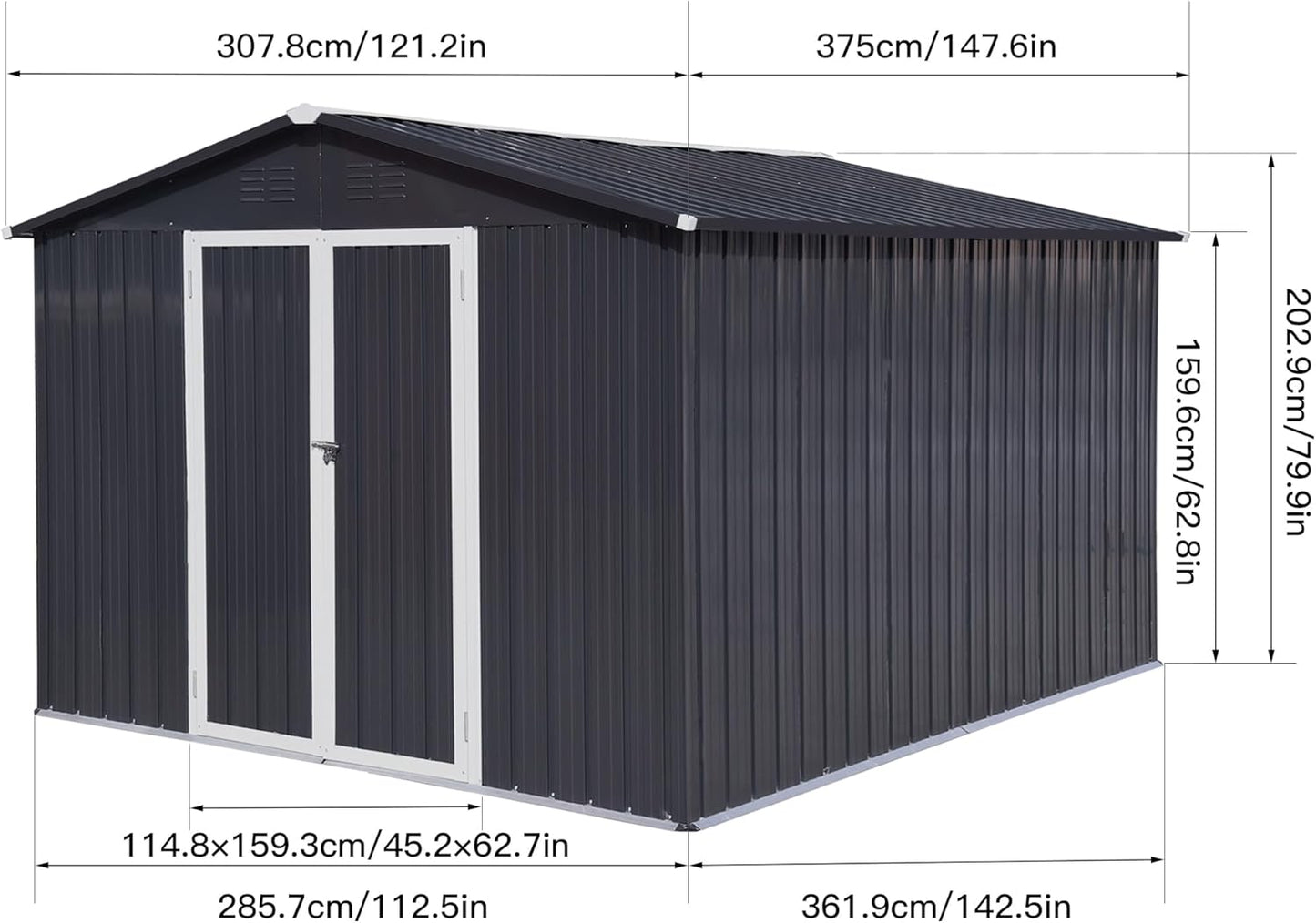 12 x 10 FT Metal Garden Shed, Outdoor Storage Shed with Heavy-Duty Steel Construction, Built-in Punched Vents & Hinged Door, Free Padlock for Secure Backyard, Patio & Garage Storage, Dark Grey