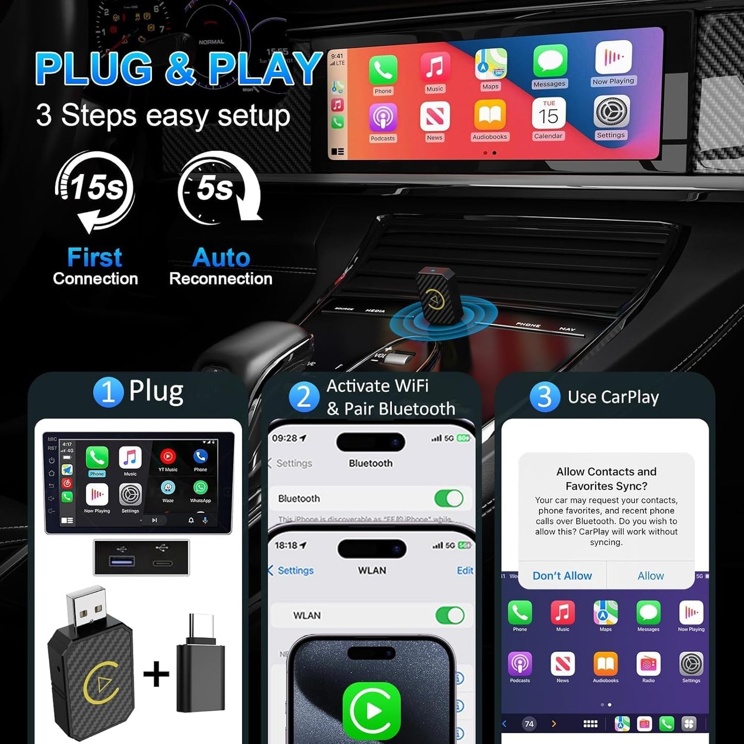 Mini Wireless CarPlay and Wireless Android Auto Adapter 2025 for iPhone/Android, Carplay Wireless Dongle Plug and Play Low Latency Converts Wired to Wireless CarPlay for Cars 2016+, USB/USB-C