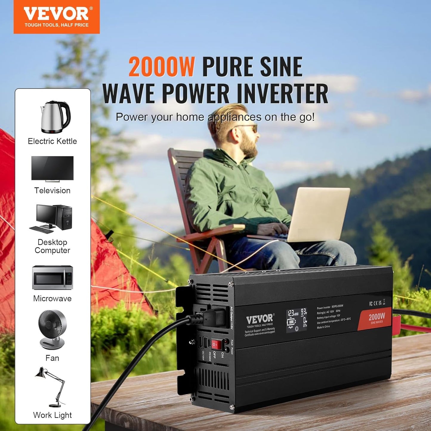 VEVOR Pure Sine Wave Inverter, 2000 Watt, DC 12V to AC 120V Power Inverter with 2 AC Outlets 2 USB Port 1 Type-C Port, LCD Display and Remote Controller for Medium-Sized Household Equipment, CE FCC