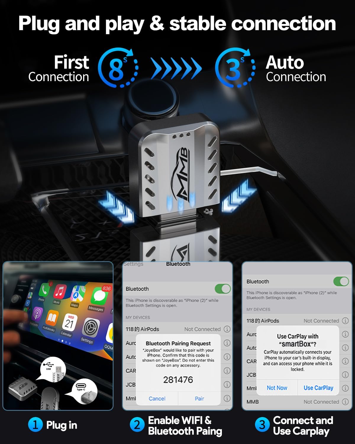 MMB Wireless Carplay Adapter for Apple 2025 Upgrade Mini Apple carplay Fast & Stable, No Delay,Plug and Play Convert Wired to Wireless CarPlay Adapter for iPhone 6+ and 2017+ Cars USB/Type C