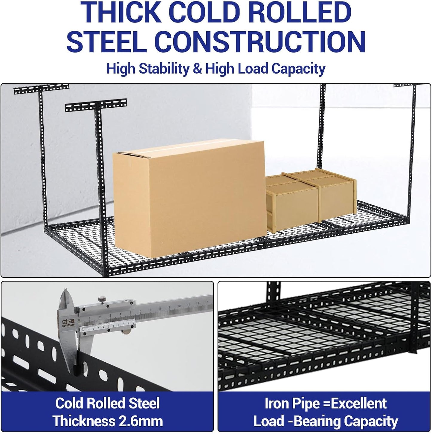 Overhead Garage Storage Rack 4x6 FT, Steel Ceiling Shelves 330lb Capacity, Height Adjustable 22-40 Inches, Space-Saving for Attic Basement Shed (Black, 4 Posts)