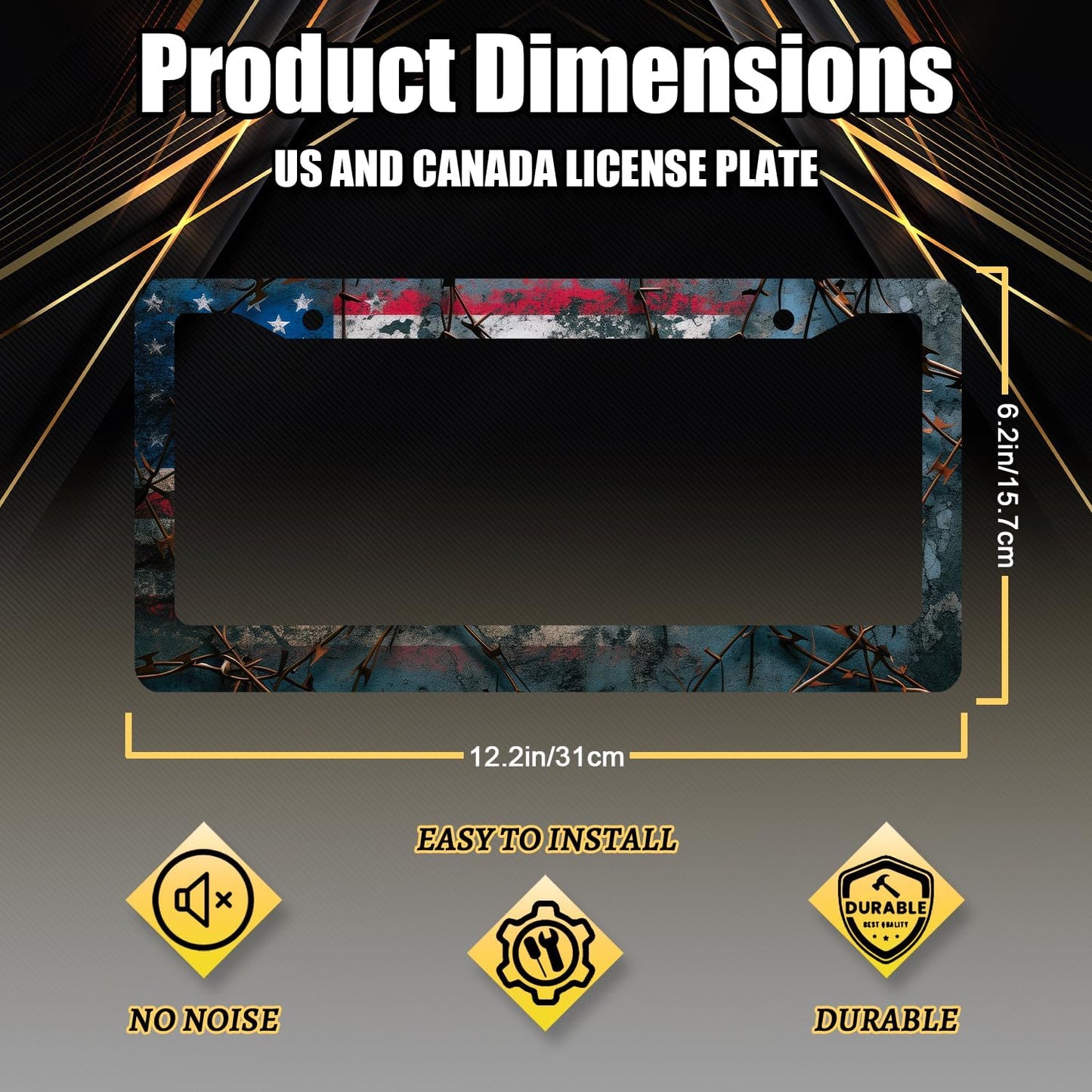 American Flag License Plate Frame Patriotic USA License Plate Holder Stainless Steel Funny Design with 2 Holes and Screws 12.3" x 6.3"