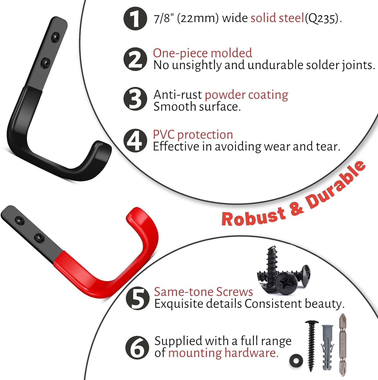 4 Inch Garage Hooks, 6 Pack Heavy Duty Wall Hooks for Hanging, Ladder Hangers for Garage Wall Mount, Steel J Utility Garden Hose Holder Tool Organizers and Storage(55lbs)