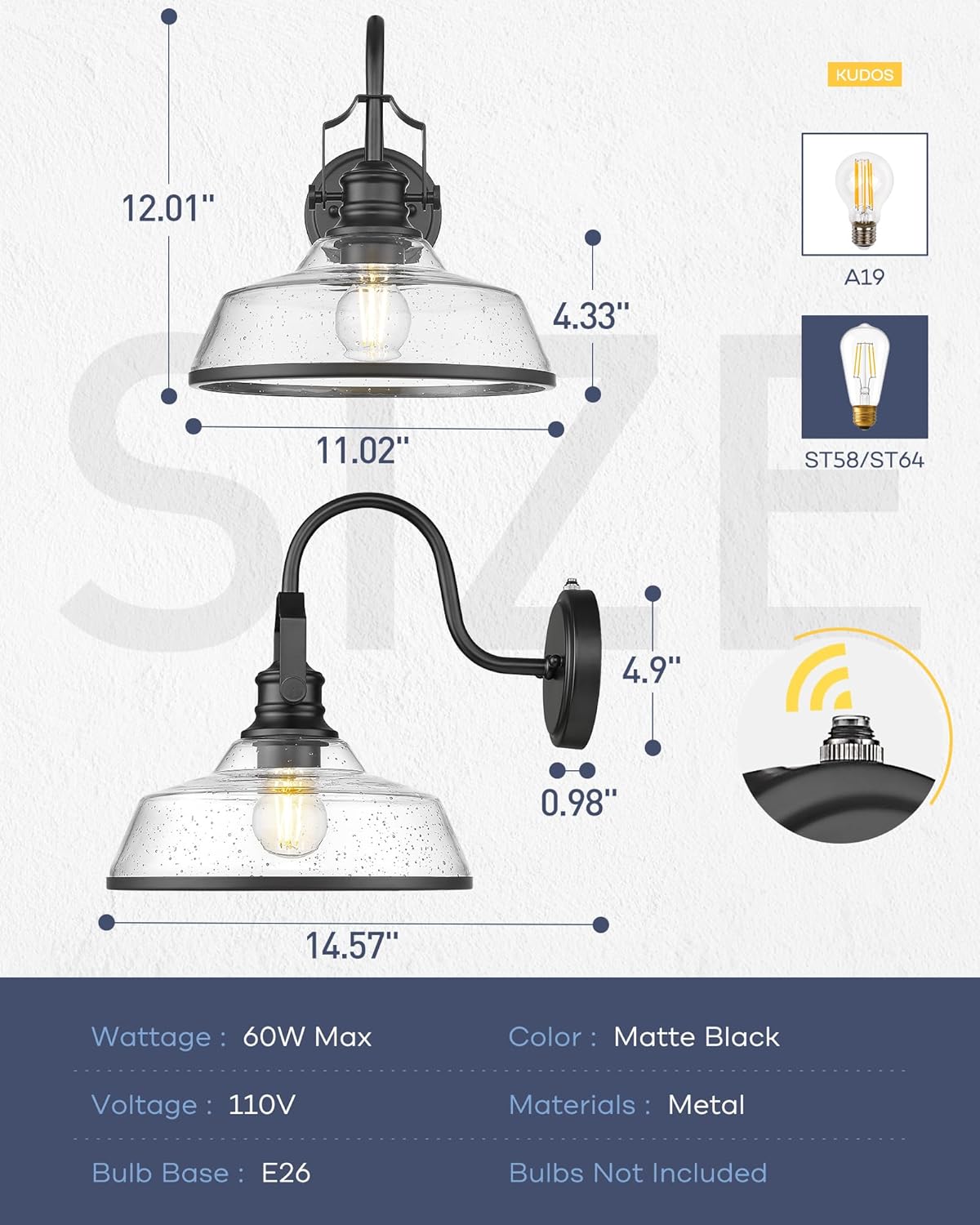 kudos Dusk to Dawn Outdoor Wall Sconce, Exterior Garage Light Fixtures, Farmhouse Waterproof Outdoor Gooseneck Barn Light Motion Sensor, Seeded Glass 1 Pack, KDOWL05-BK-S-LC