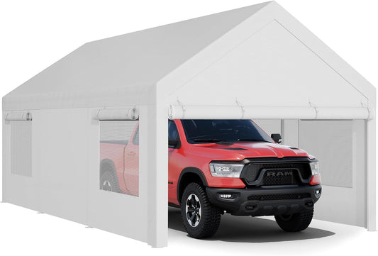 JY QAQA Carport, 12x20 FT Heavy Duty Carport Reinforced Steel Poles with Removable Sidewalls & Doors,Roll-up Windows Car Canopy with Sandbags and All-Season Tarp for Car Boat Truck Motorcycle/White