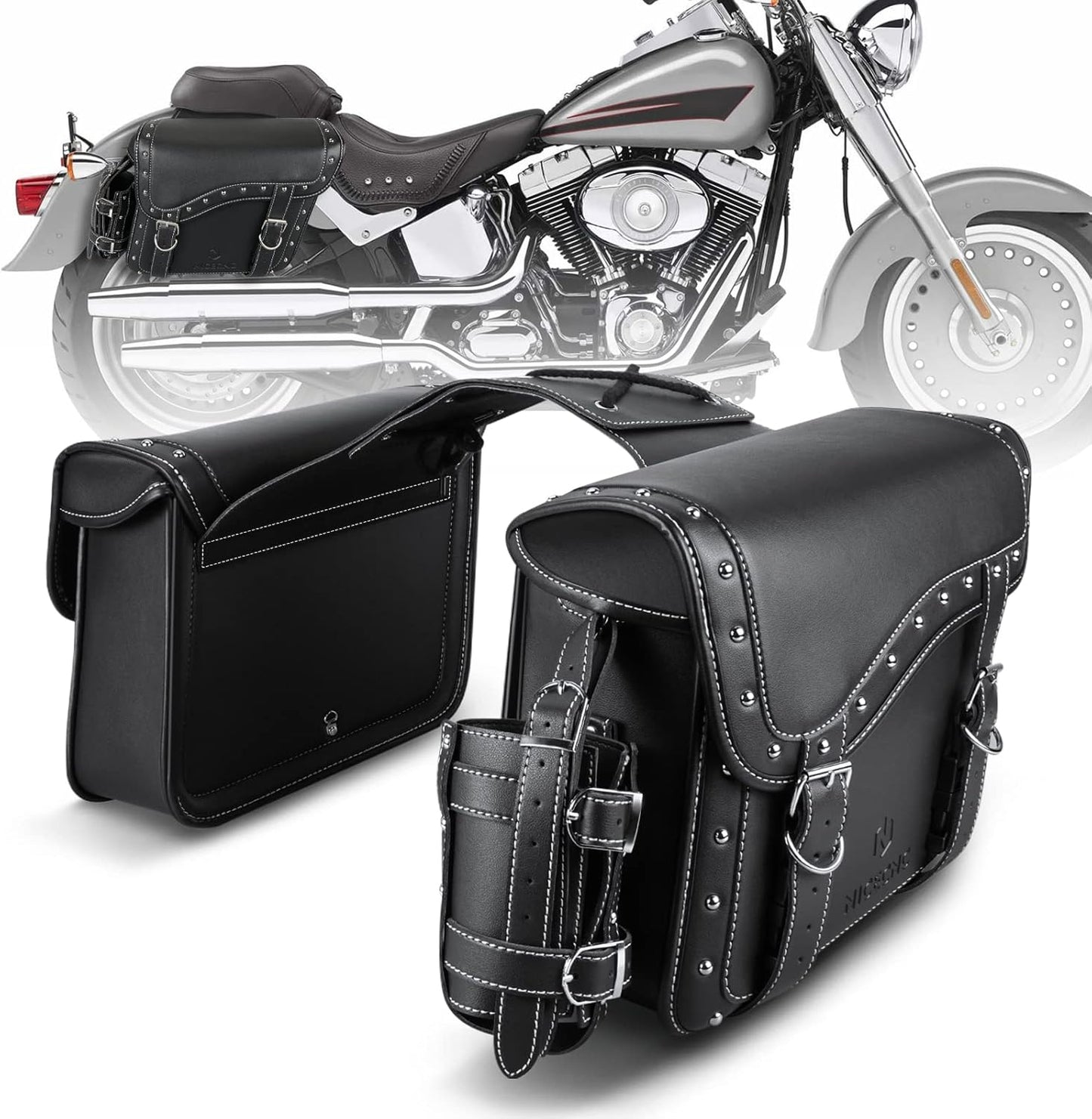 NICECNC Motorcycle Saddle Bags, PU leather Motorcycle Saddlebags, Reinforced Straps & Saddle Piece, with Cup Holder, Throw Over Saddle Bags Side Bags Universal Motorcycle Accessories bags, BlACK