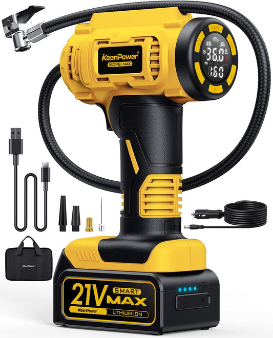 Cordless Tire Inflator Portable Air Compressor, 160PSI Car Tire Air Pump, 21V Rechargeable Battery Powered Air Compressor, Dual Power, Larger HD Digital Gauge w/4+N Smart Modes (Yellow)