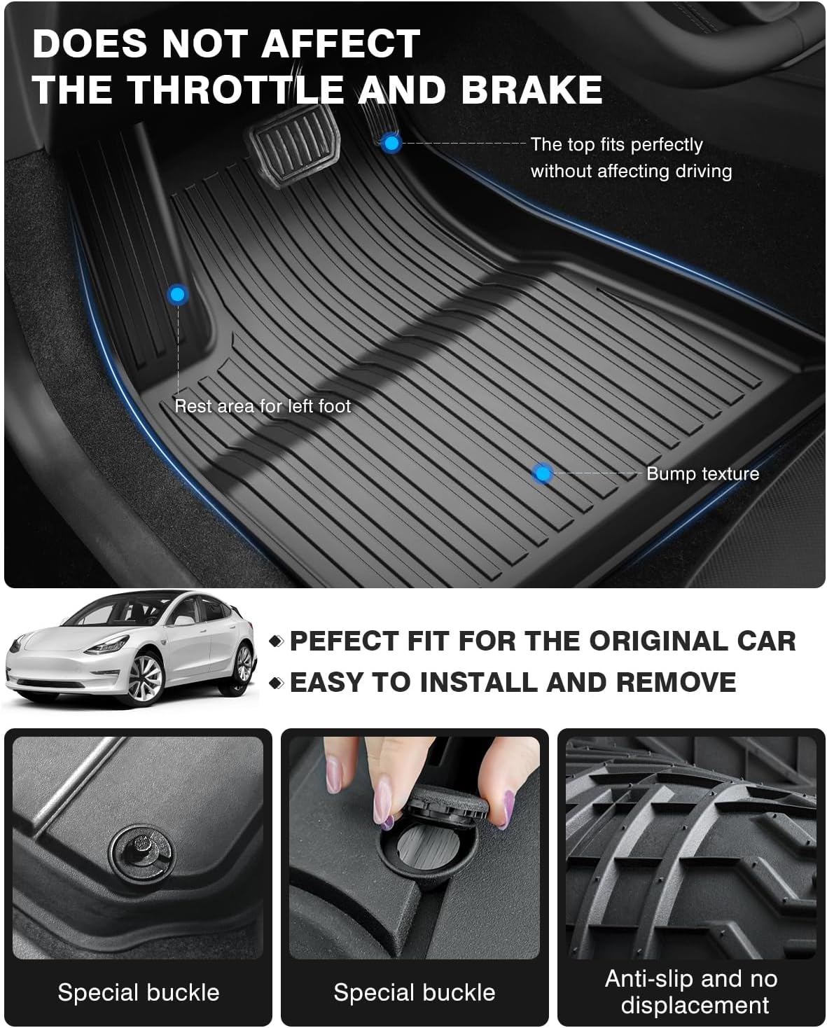 Powerty Floor Mats for 2024 2025 Tesla Model 3 Highland 8 PCS Floor Cargo Liners Full Set All Weather TPE 3D 2 Row Liner Front Rear Storage Mat and Rear Seat Back Mats