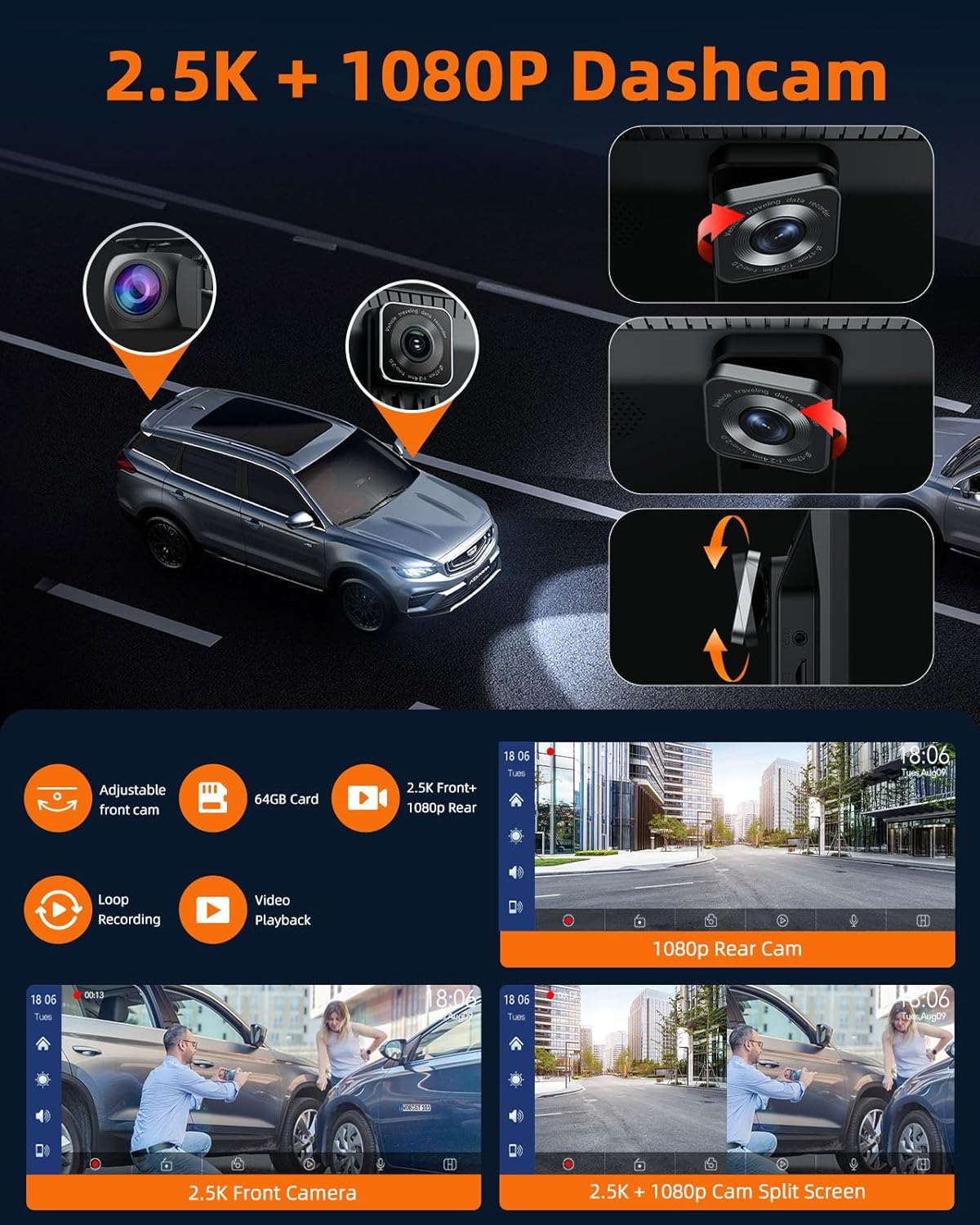 Portable Wireless Carplay Screen for Car with 2.5K Dash Cam,9 Inches Android Auto Screen with 1080p Backup Camera,GPS Navigation,Bluetooth,Airplay,Voice Control