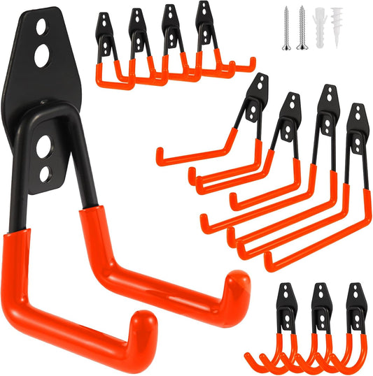 Steel Garage Hooks Wall Tool Organizer, 12 Pack Garage Storage Hook Heavy Duty Utility Storage Hangers Orange for Ladders, Ropes, Garden Tools