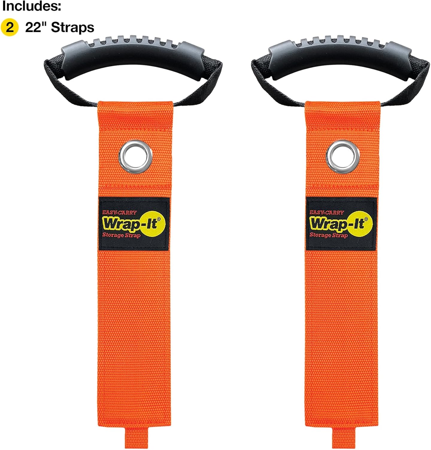 Easy-Carry Wrap-It Storage Straps - 22” (2-Pack) Blaze Orange with Grommet - Extension Cord Storage Holders and Carrying Straps for Garden Hose Storage