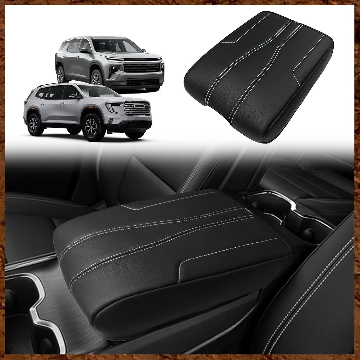 Muslogy Armrest Cover Center Console Cover Compatible with 2024 2025 GMC Acadia & Chevrolet Chevy Traverse Accessories Vegan Leather Arm Rest Middle Console Protector (Black/White Stitching)