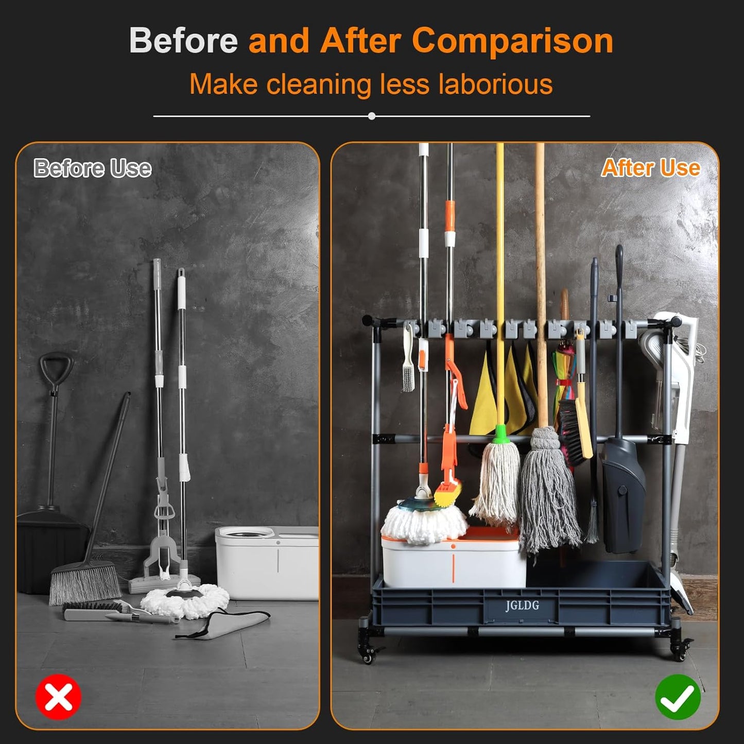 Mop and Broom Holder with Wheels - Keep Your Cleaning Tools Organized! (L)