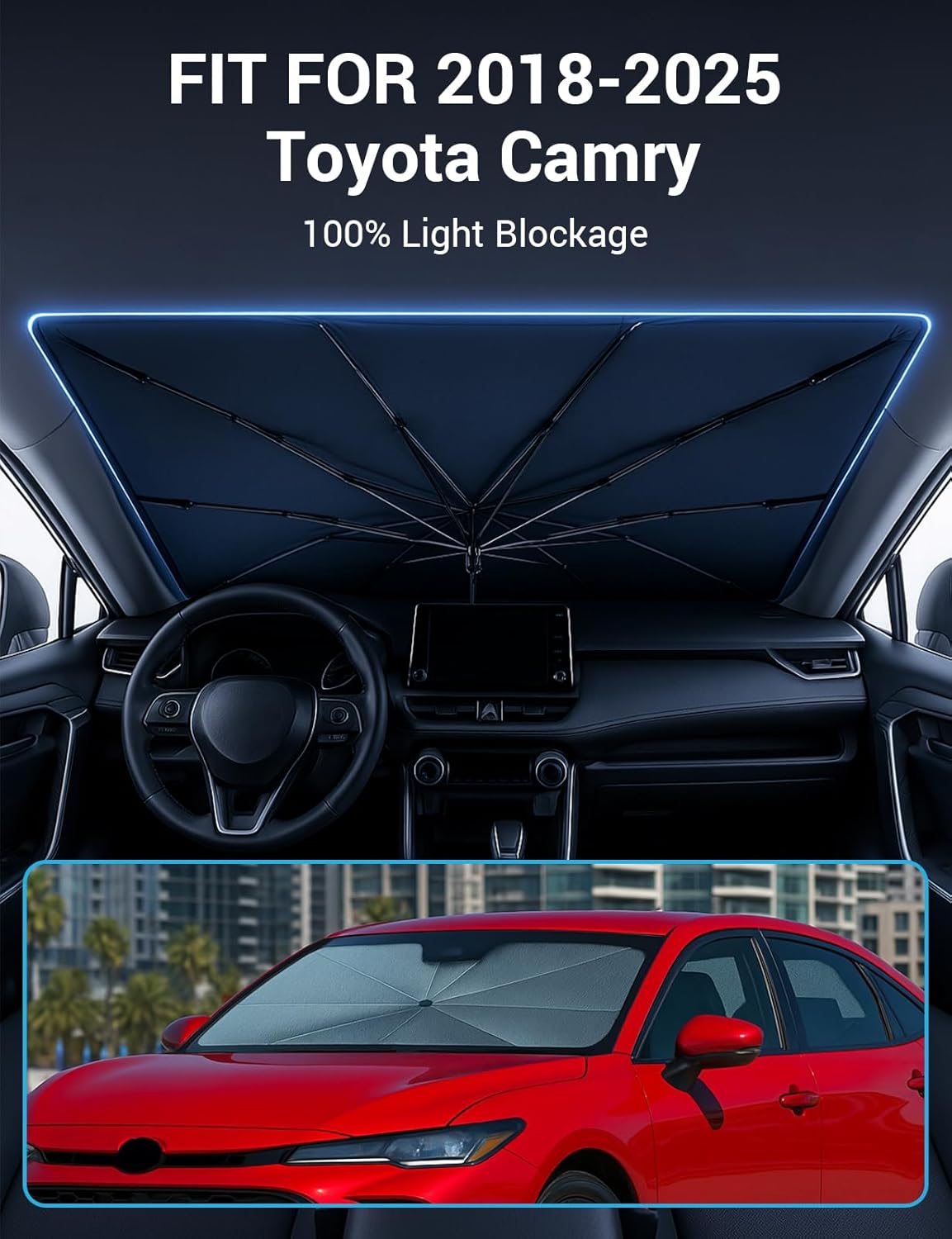 Proadsy Windshield Sun Shade Umbrella for Toyota Camry 2018-2025 2026 Foldable Car Umbrella Sunshade with Soft TPU Handle Spring Structure Crystal Cooling Material Protect Car from Rays & Heat