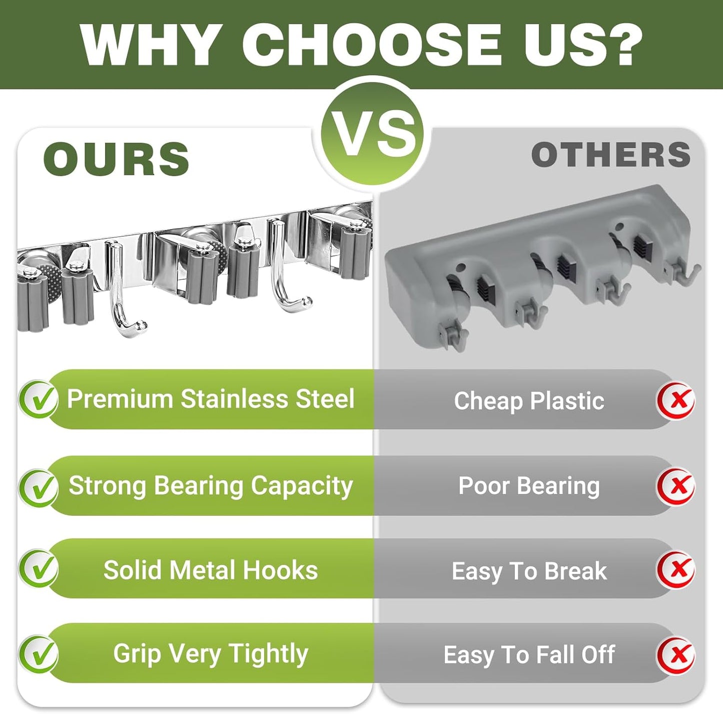 Broom Holder Wall Mount, Broom Organizer Wall Mount Stainless Steel Broom and Mop Hanger Heavy Duty Storage Organization for Home Kitchen Garden Garage Room 5 Racks 4 Hooks (1Pack)(Grey Racks)