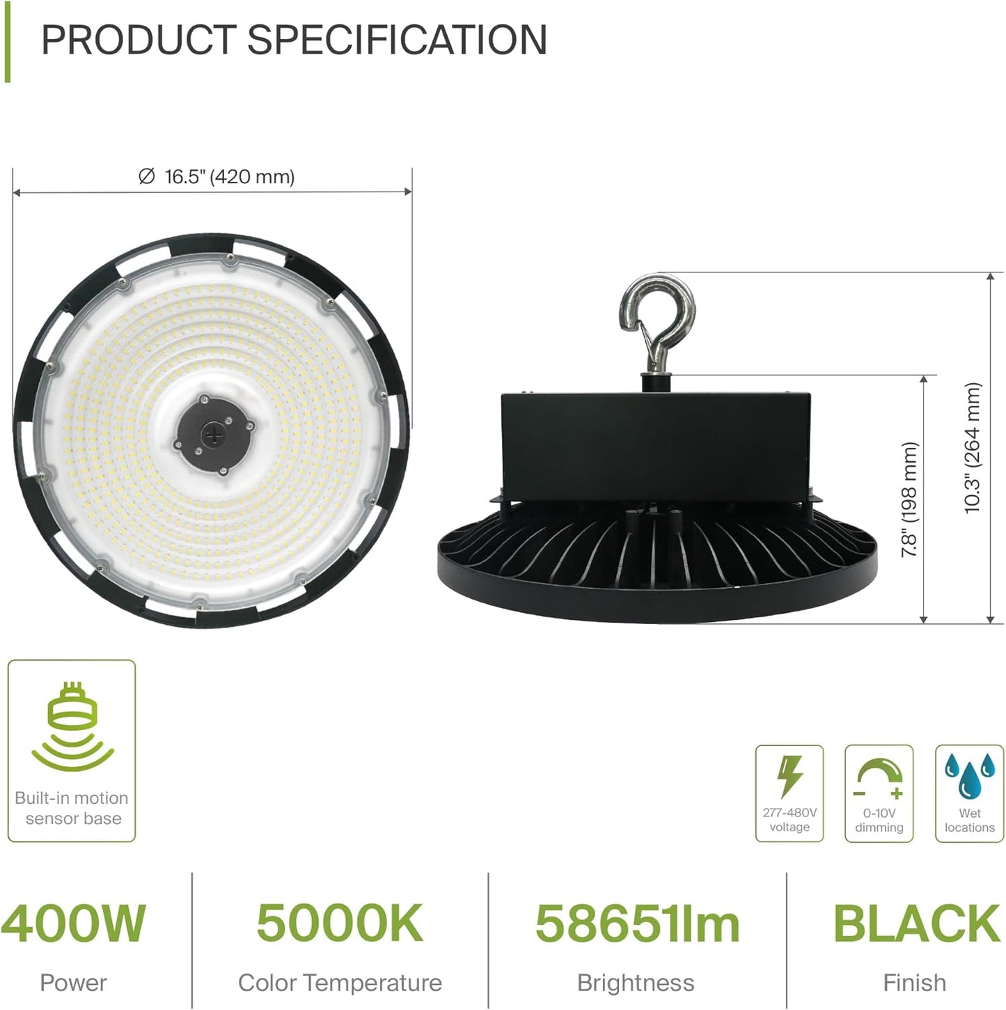 ASD LED High Bay UFO Light Fixture, Commercial Shop Lighting | Dimmable, IP69K Waterproof, DLC Premium, UL Listed | 400W 58600LM 5000K 277-480V | Warehouse, Garage, Workshop, Barn Lamp | Black